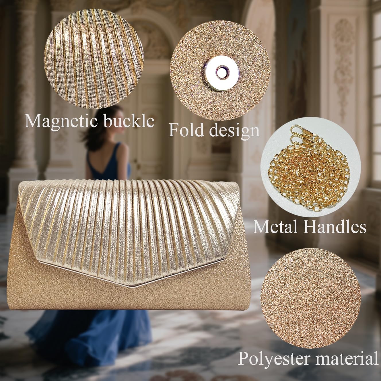 Clutch Purses for Women Sparkling Envelope Evening Bag with Detachable Chain