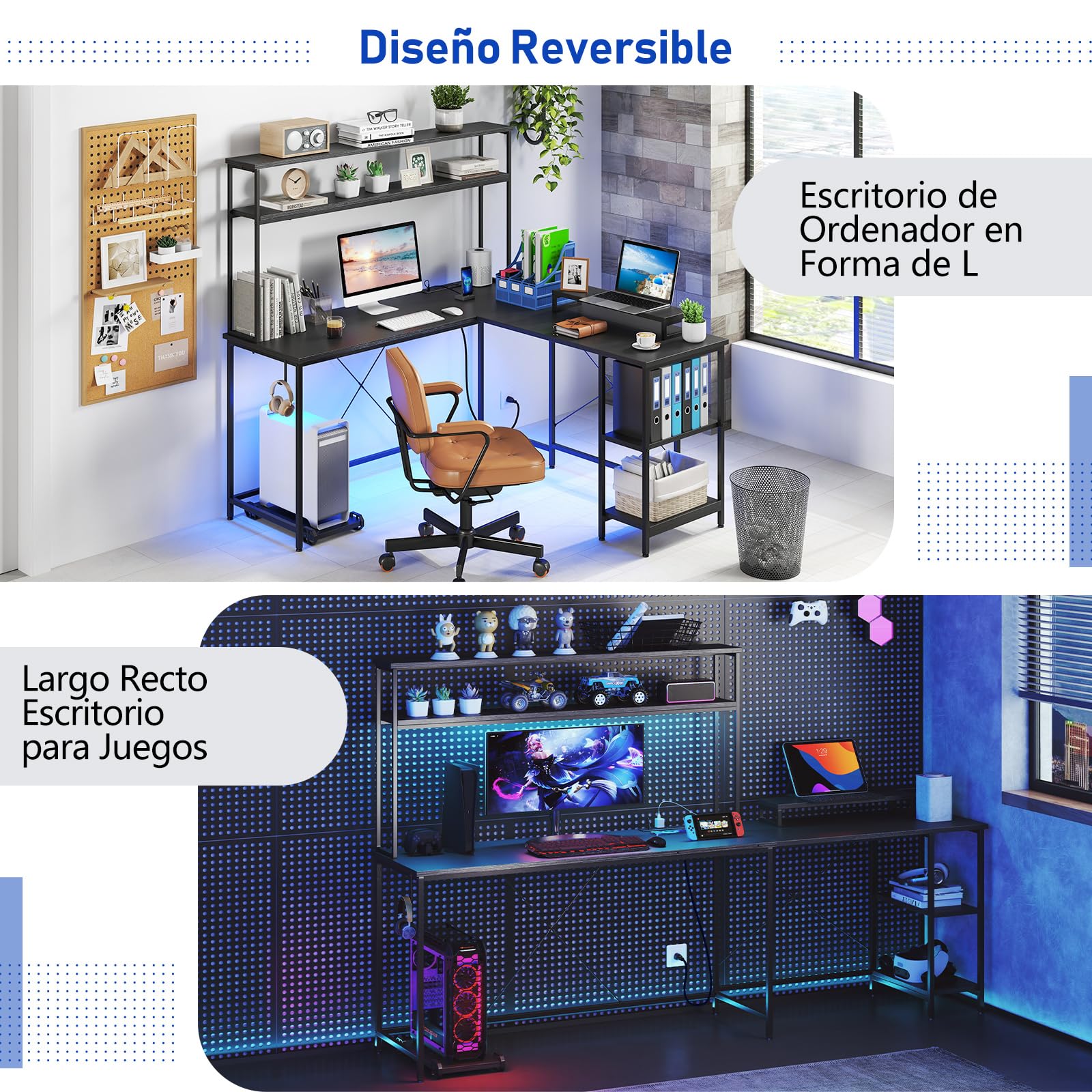 COSTWAY Escritorio Gaming en L con Luces y Enchufe, 145 x 145cm, Escritorio Esquinero Reversible con Estanterias, Soporte para Monitor, Mesa en L Grande para 2 Personas (Negro)