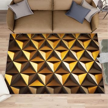 3D Gold Solid Geometry Rugs for Living Room - 4x5 Rug, European Luxury Area Rug, Abstract Gold Triangle Carpet, Modern 3D Area Mat, Geometric Home Decor