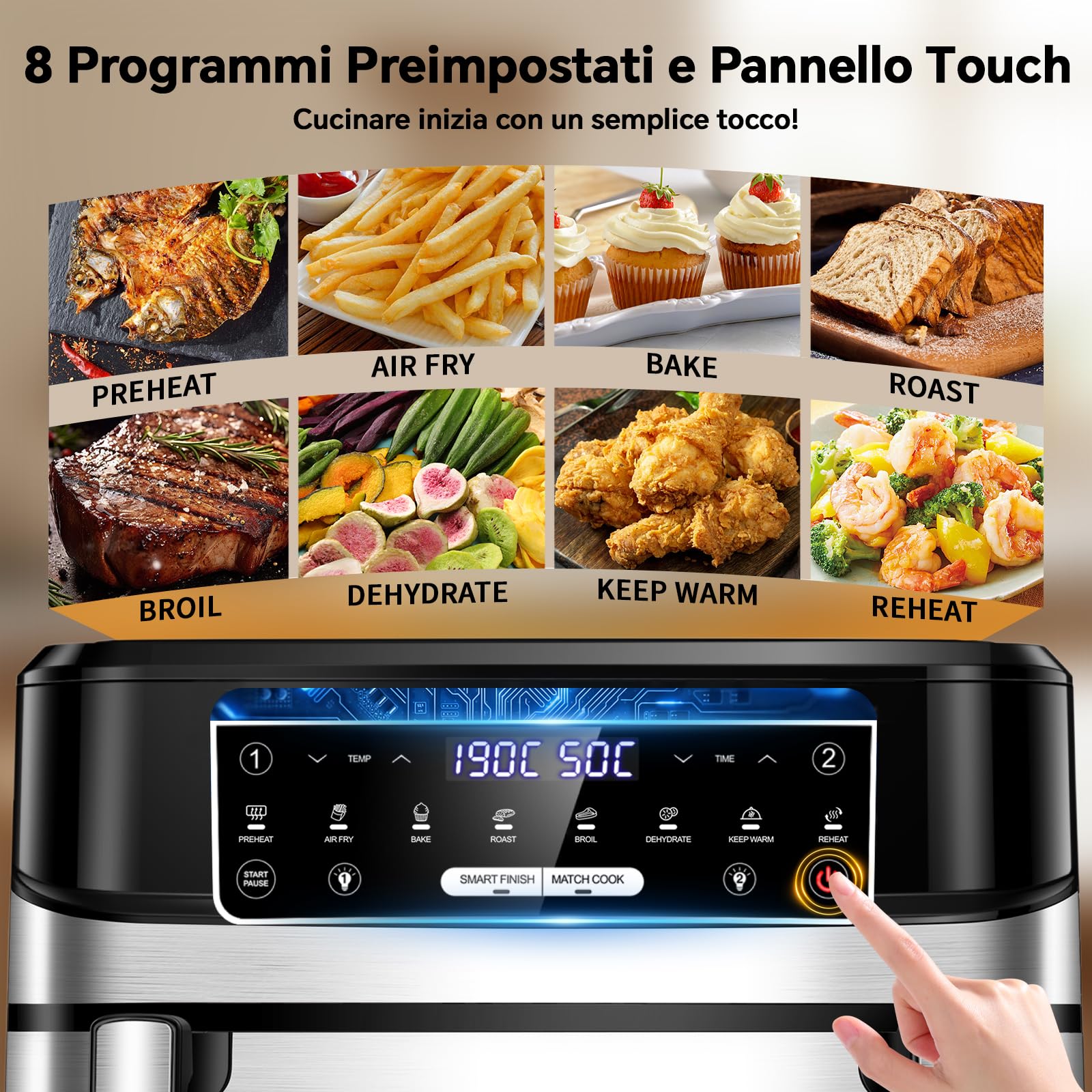 Friggitrice ad Aria 12L | Friggitrice Aria XXL Modalità Flessibile 1 o 2 Zone, 2600W Doppia Resistenza Controllo Indipendente Finestra & Luce Interna, Air Fryer Grande 8-in-1 Touch Control Ricettario