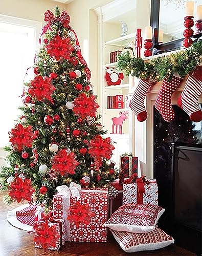 Miniatura 6 de 18 flores de Pascua de Navidad con purpurina, decoraciones de nochebuena roja para adornos de árbol de Navidad