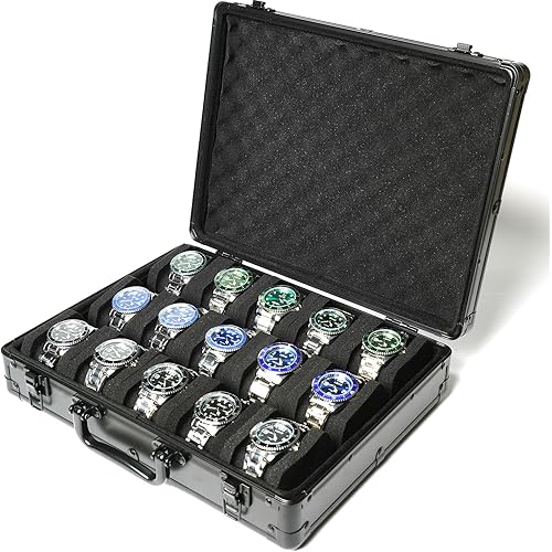 15 slots Watch organizer Case, Aluminum watch storage box, hard watch travel box, padded case for watch display and organization