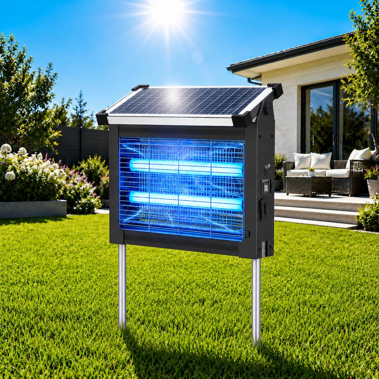 Matamoscas solar para exteriores, 4500 V, matamoscas para exteriores, con panel solar ajustable de 10 W, impermeable, recargable, portátil, trampa eléctrica para moscas para patio, jardín, patio