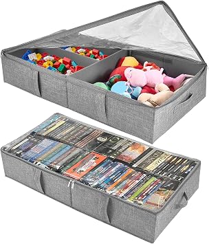 2-Pack Under Bed Toy Storage Boxes, Grey Toy Organizer with Clear PVC Lid, Foldable Under Couch Storage Bins 31.8165.9in, Toys Storage Containers for Plush Dolls, Books, Clothes, Shoes & Blankets