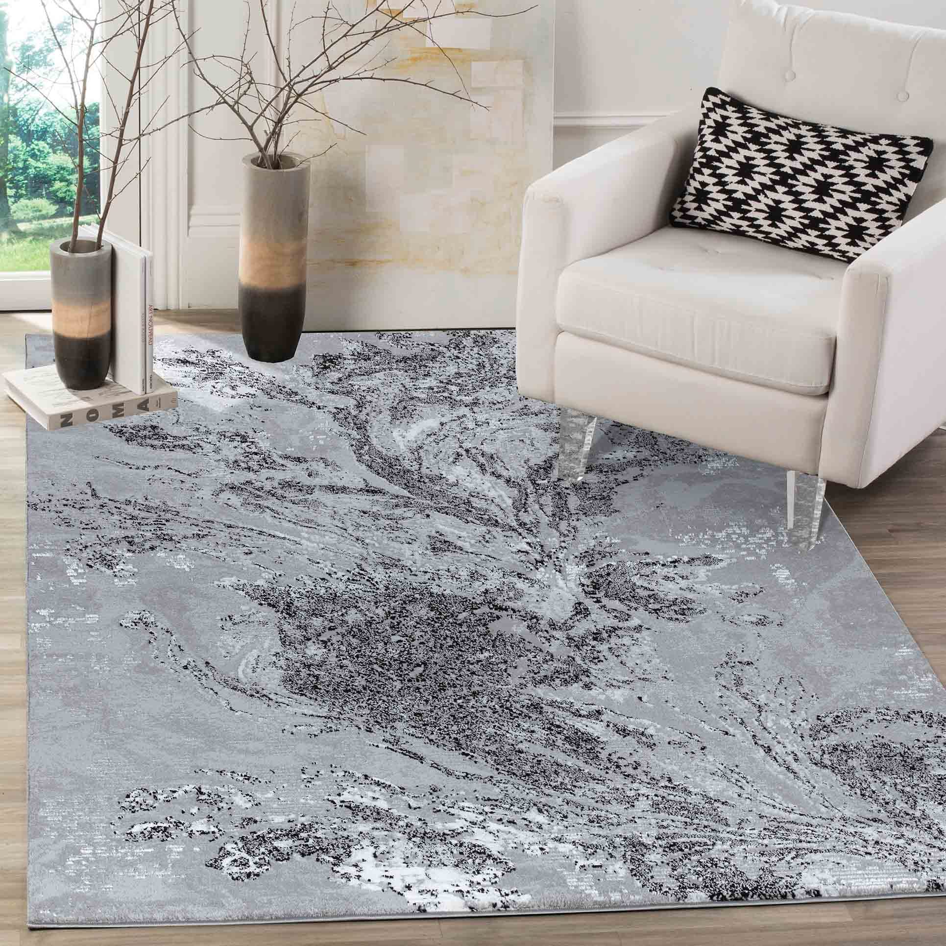Desire Rugs Serenity Black Abstract Water Grunge Texture Rug 80 x 150cm - Metallic Sheen - Soft Pile - Easy Clean