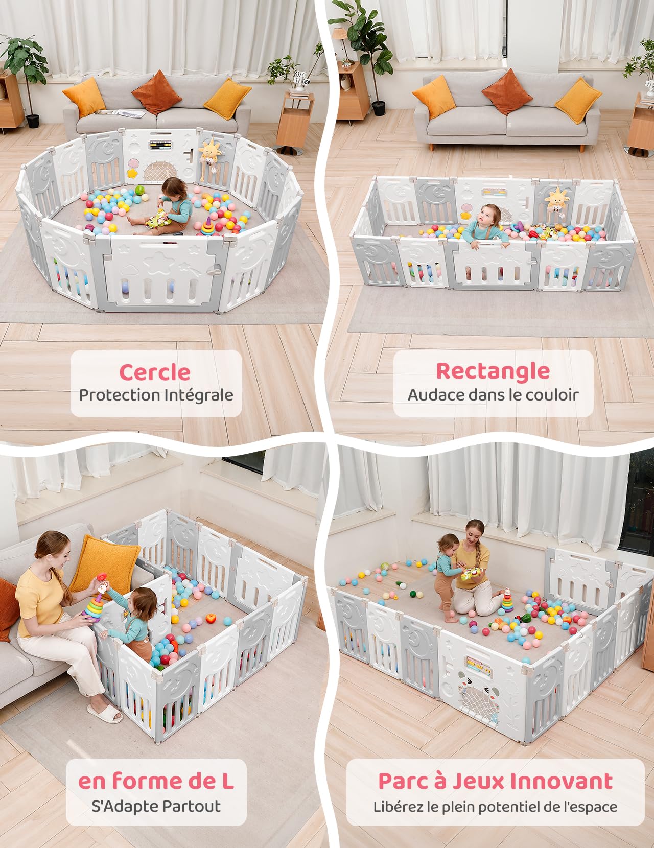 Dripex Parc Bébé Modulable et Pliable 190x190cm, Parc Enfant avec Porte et Panneau d'Activité, Gris (18 Panneaux)