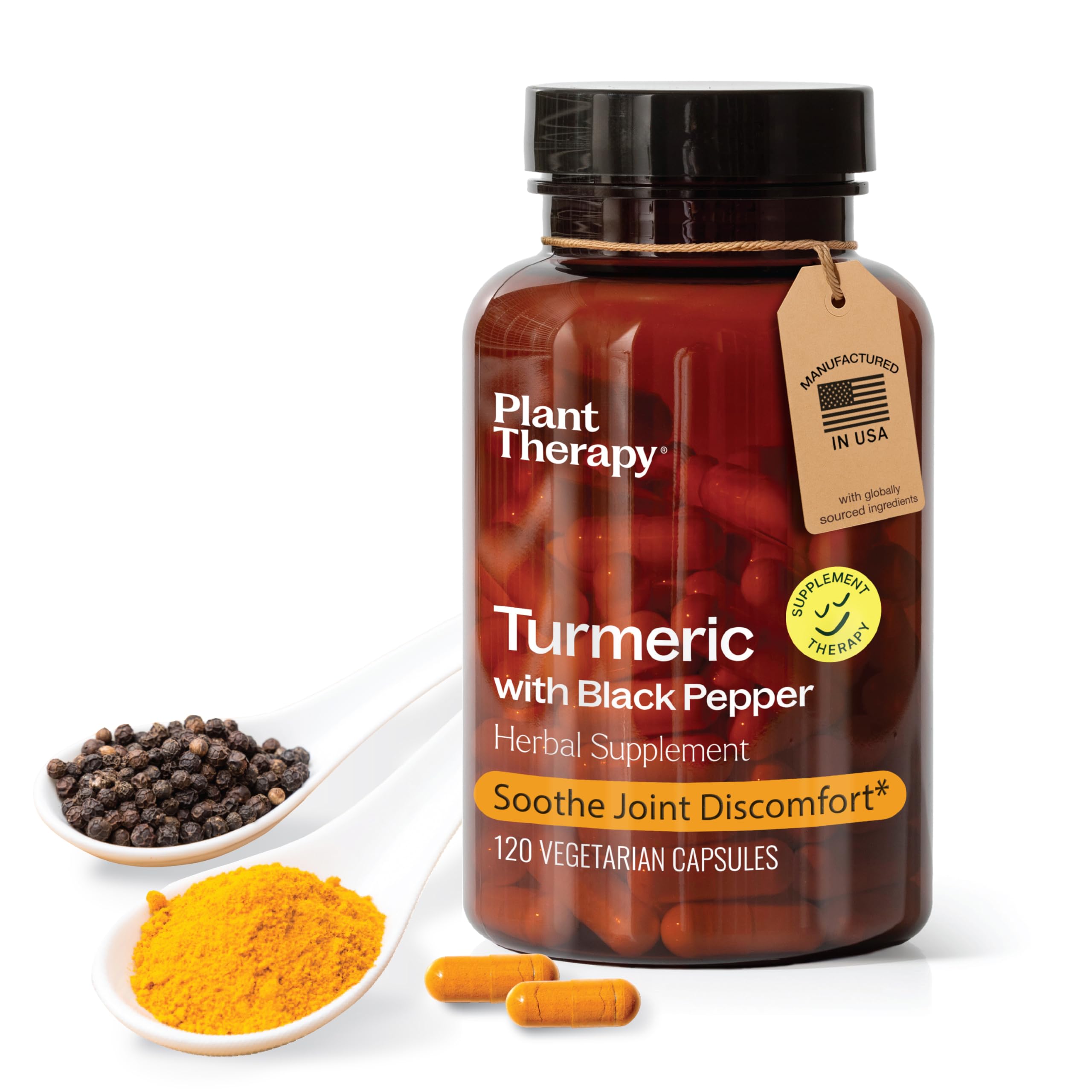 Plant Therapy Turmeric Black Pepper Supplement Capsules Manufactured in USA 4 Month Supply Supports Joint and Muscle Health Supplements for Women & Men 120 Vegetarian Capsule