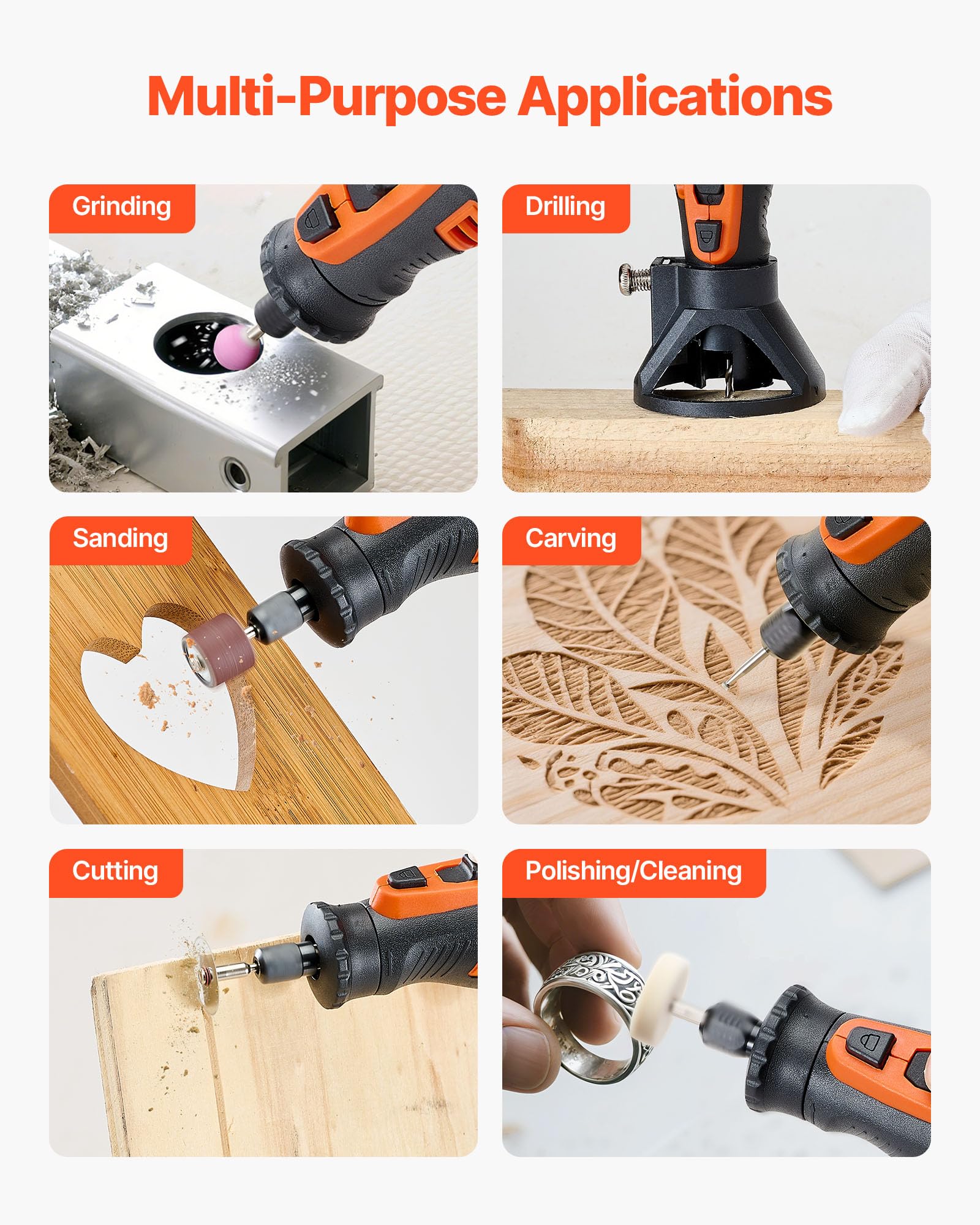 VEVOR Kit de Herramientas Rotativas Inalámbricas, 136 Piezas, Portátil, 8 V CC, 5 Velocidades de 5000-30 000 RPM, para Grabar, Lijar, Pulir, Tallar, Amolar, Cortar y Bricolaje, 225 x 50 x 50 mm