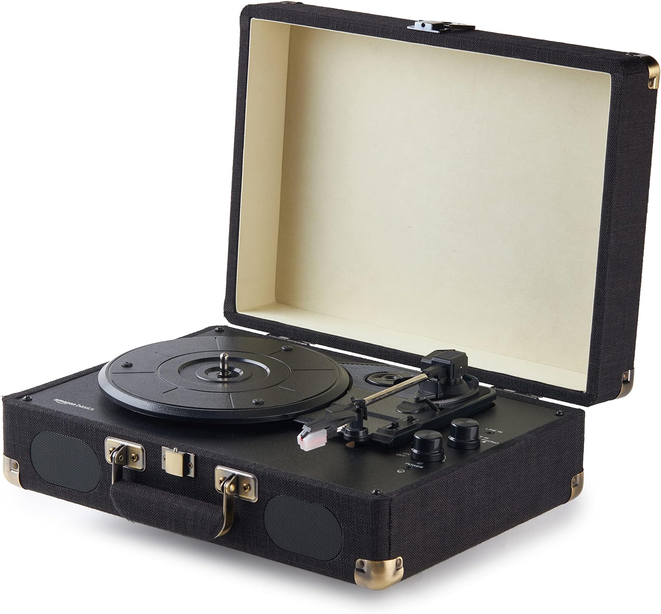 - Amazon Basics Portable Suitcase Vinyl Turntable Record Player with Built-in Stereo Speakers, Belt Drive, 3-Speed, Bluetooth Playback, Black