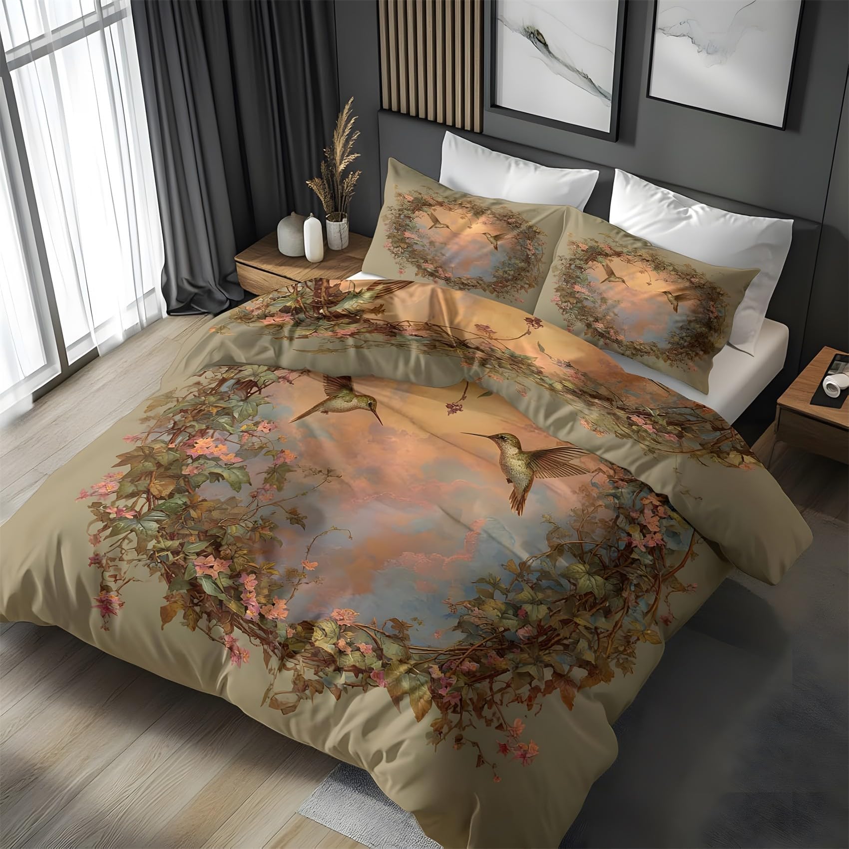 Colibrí Funda Nórdica Cama 105 Juego, Reversible Microfibra Juegos Cama Caqui Funda Edredon 180×220 y 2 Fundas 50x75, con Cremallera, Apto Hombres y Mujeres RP508