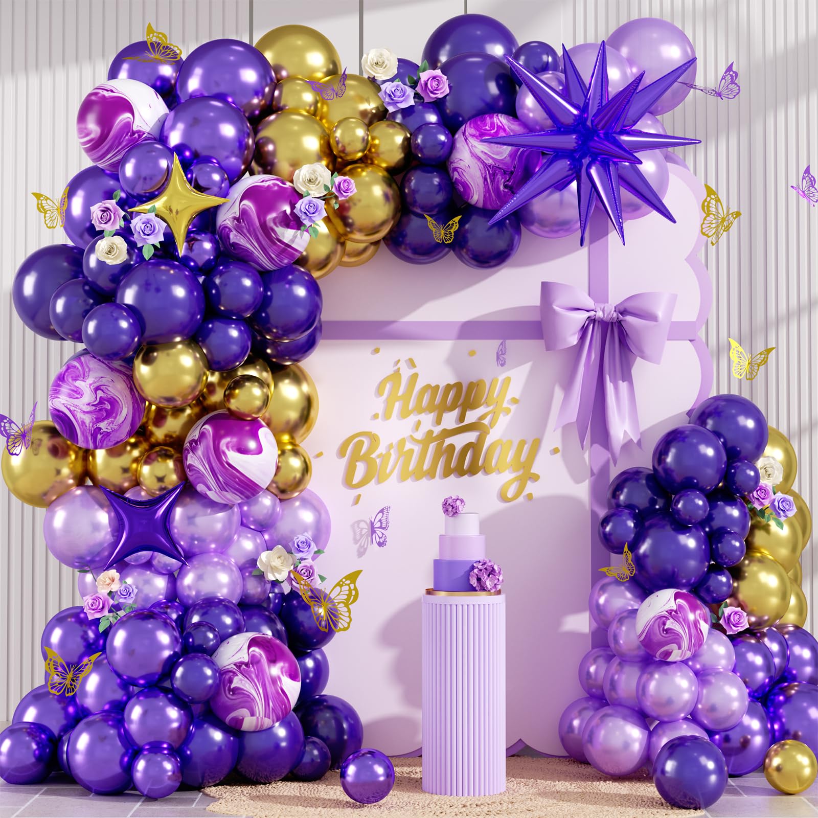 Purple Balloon Arch Kit 110PCS Dark Purple and Gold Balloon Garland with Star Metallic Violet Lavender Lilac Birthday Party Balloons for Butterfly Baby Shower Graduation College School Prom Decoration