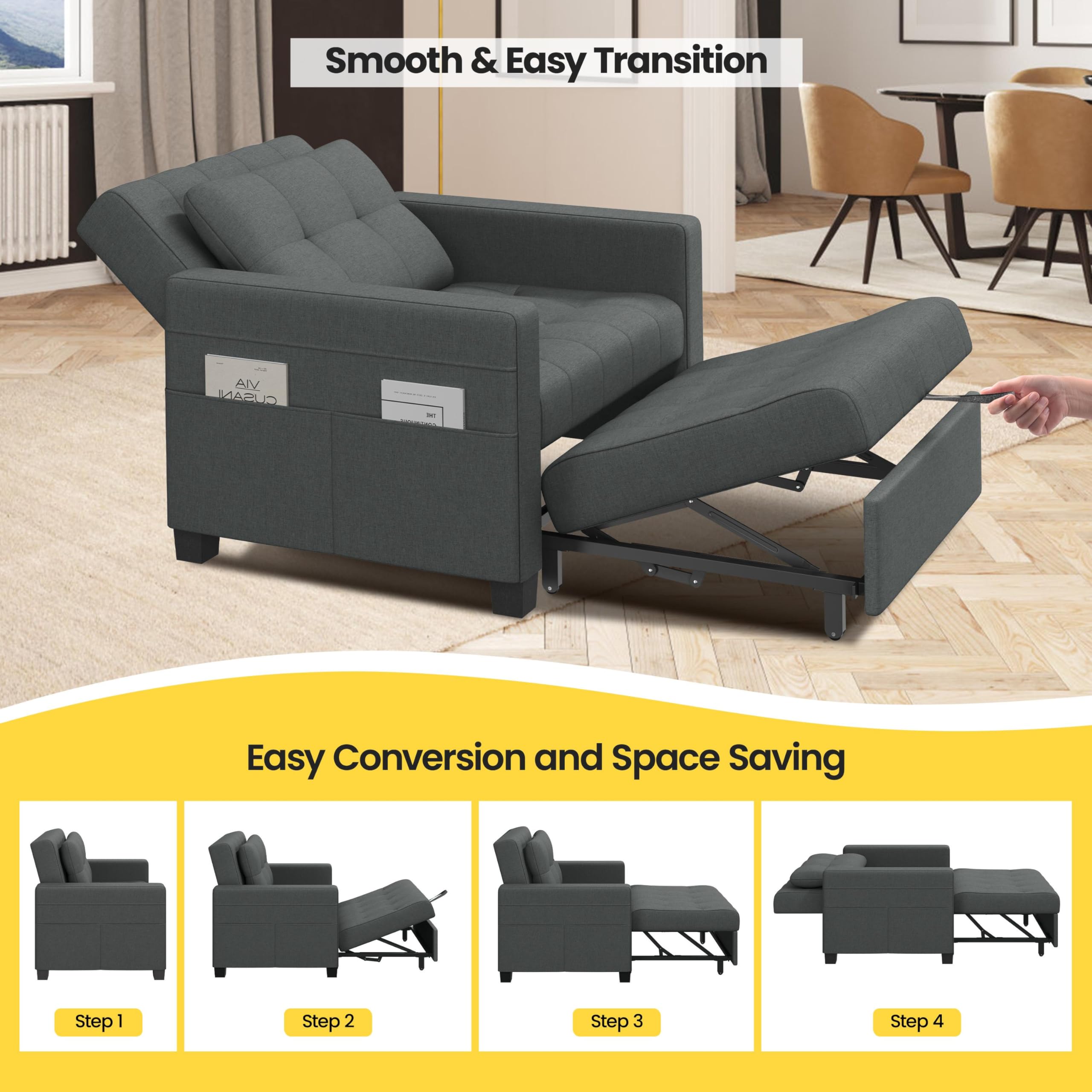 Yaheetech Divano Letto 3 in 1 Imbottito Divanetto Singolo con Schienale Regolabile Divano a 1 Posto per Soggiorno Camera da Letto Poltrona Pieghevole Ufficio Appartamento Grigio Scuro