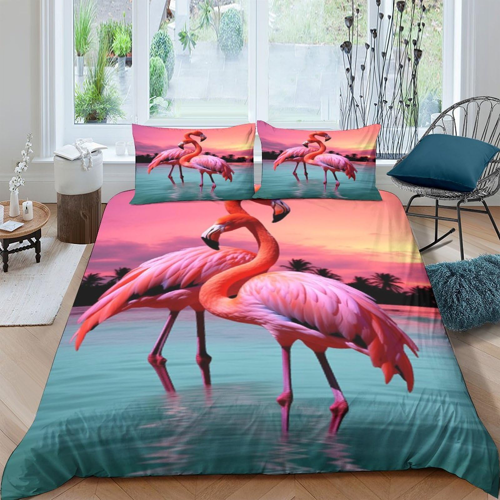 Ctjqhvkz Style-1 3D Printed Sunset Flamingo Fitted Sheet Microfiber Soft Pink Lake Bed Cover Anti-Slip Machine Washable For Bedroom Guest Room Single（135X200cm）