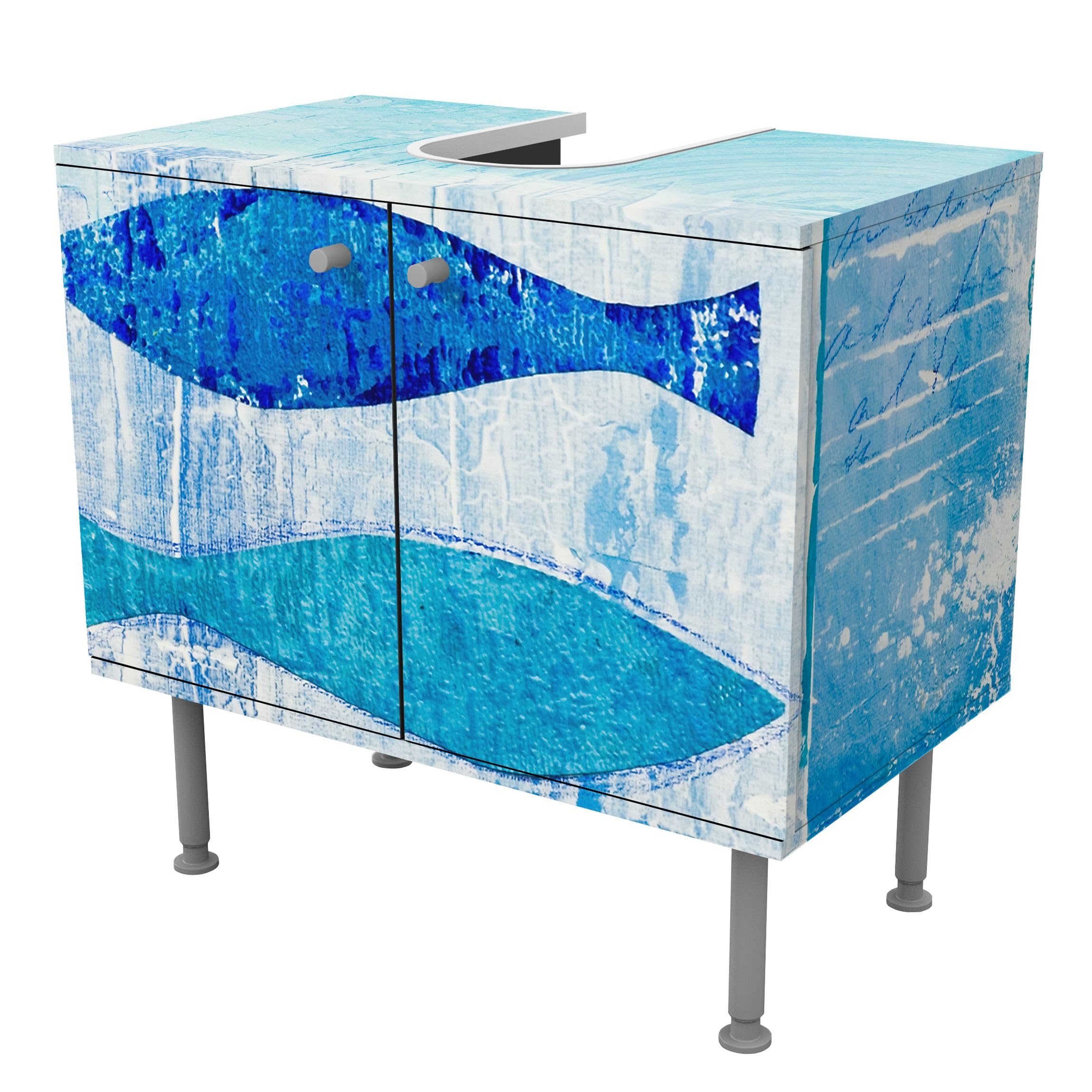 Waschbeckenunterschrank 2 Türen Kunst höhenverstellbar mit Füßen - 60er Breite - Fische Malerei Unterschrank blau Bad Gäste WC Möbel mit Motiv 1680