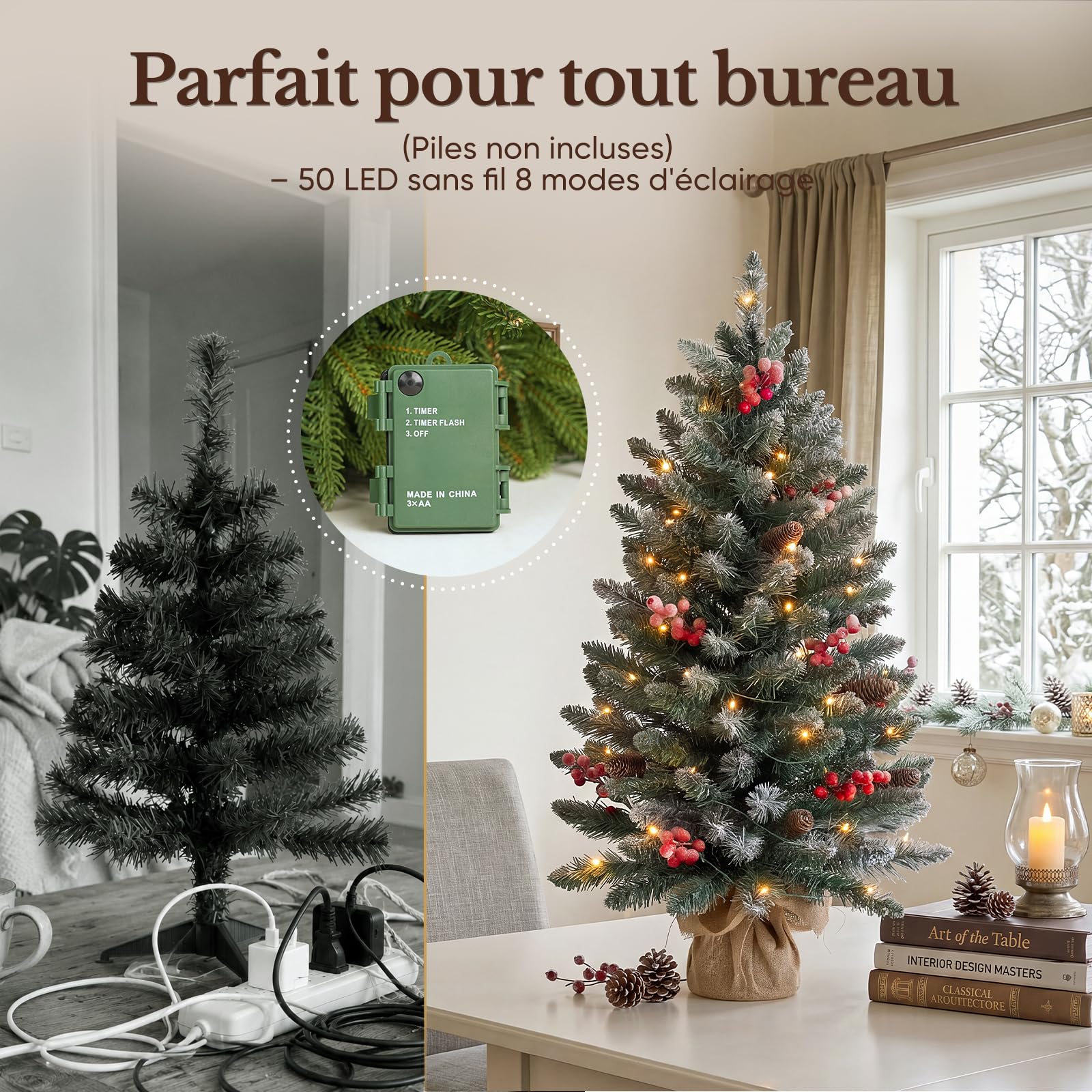HOKEEPER Sapin de Noël artificiel 90 cm avec LED et baies | Sapin de Noël artificiel avec pommes de pin, montage facile, support stable, festif