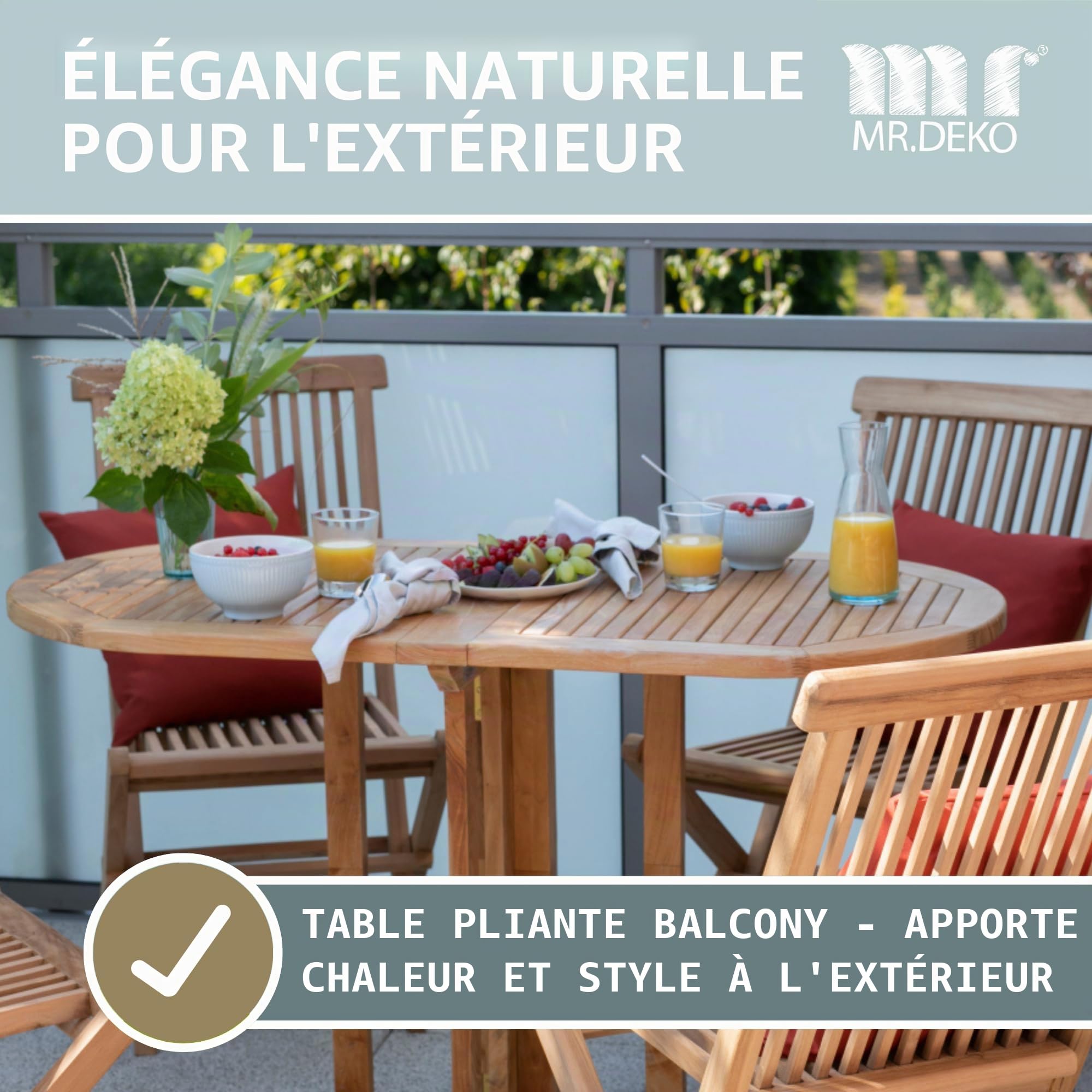 MR. DEKO Table Balcony Teck Massif 120x60x75 cm | Table de Jardin Pliable Individuellement | Meuble Gain de Place pour Petit Balcon Terrasse | Bois Robuste Résistant Rectangulaire