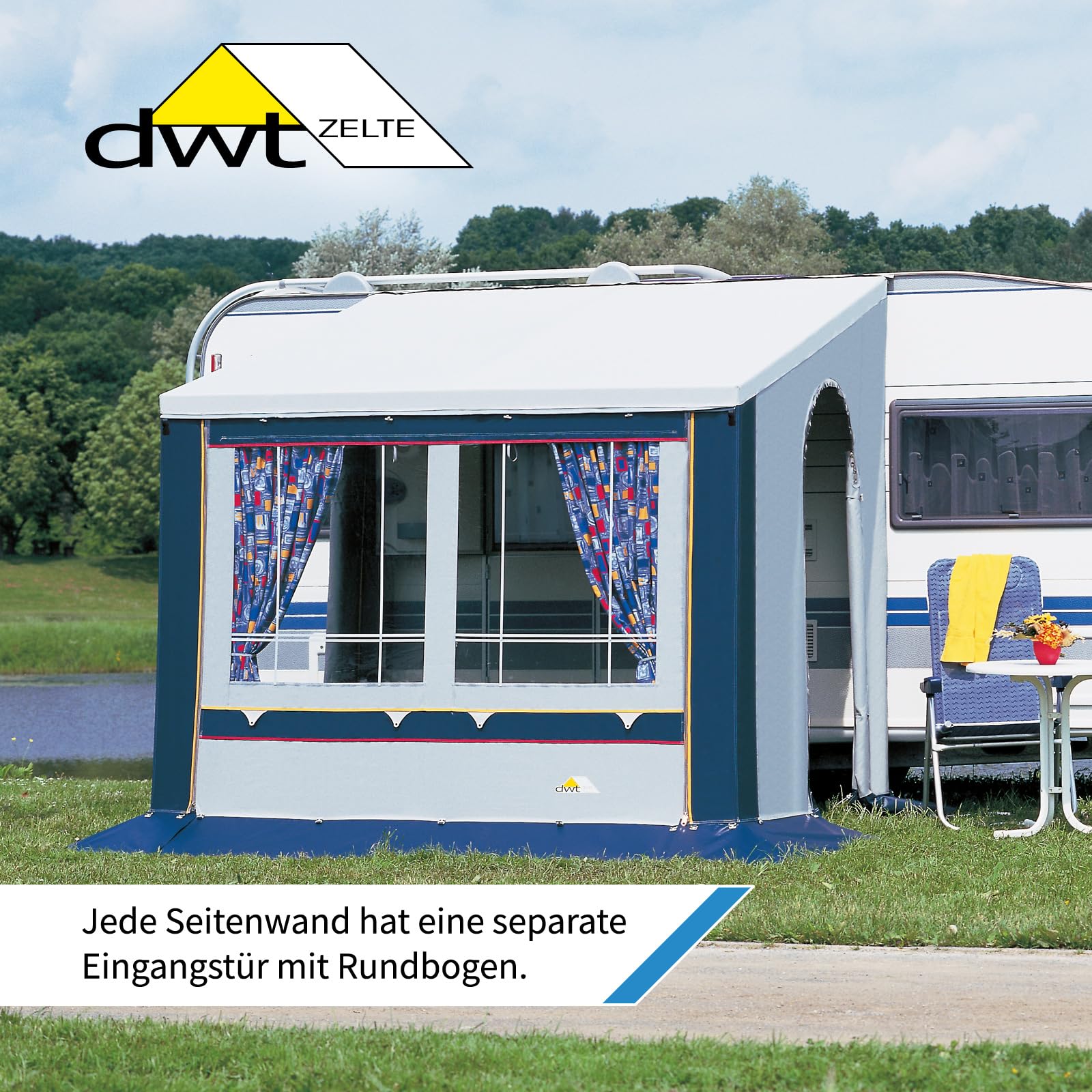 DWT Wohnwagen-Teilvorzelt Cortina II in Blau oder Grau inkl. 28x1 mm Gestänge ST, Vorzelt Dauercamping in 6 Größen