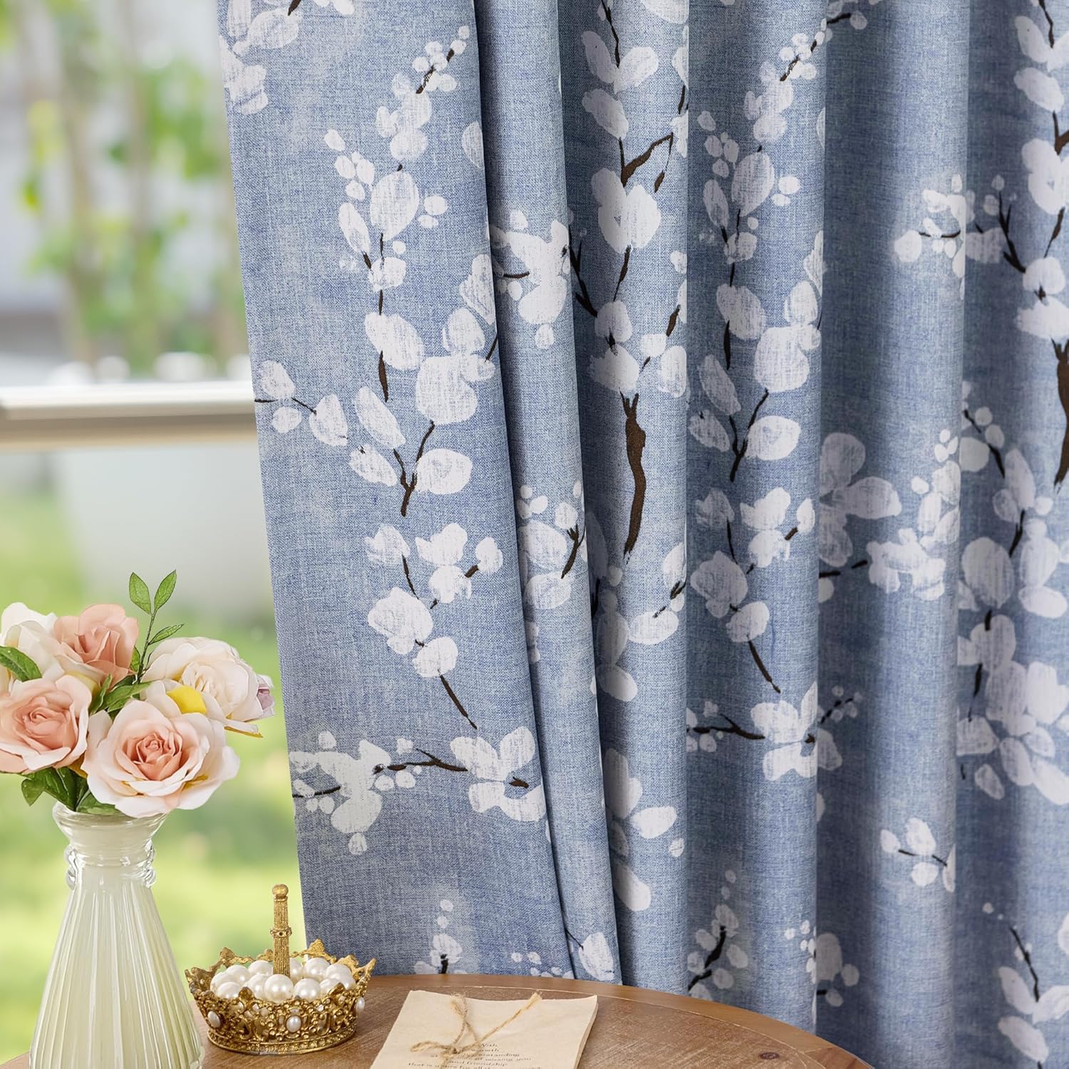 Fmfunctex Blue White Floral Blackout Eyelet Curtains 52 x 84 Inch Drop Pair — image 1