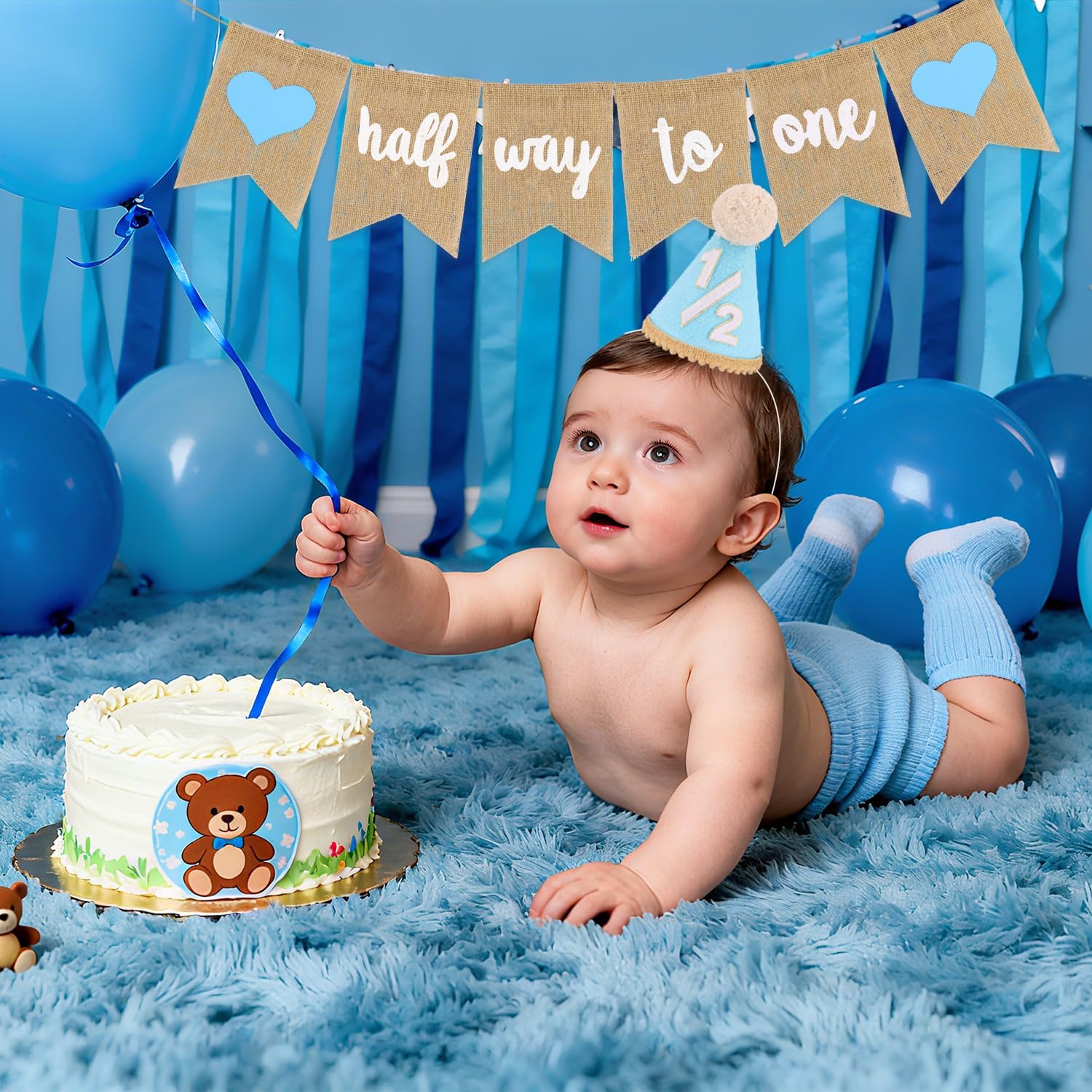 Atoden 1/2 Birthday Hat Half Way to One Banner 6 Months Headwear Party Cone Hat Crown Birthday Decorations for Girl Boy