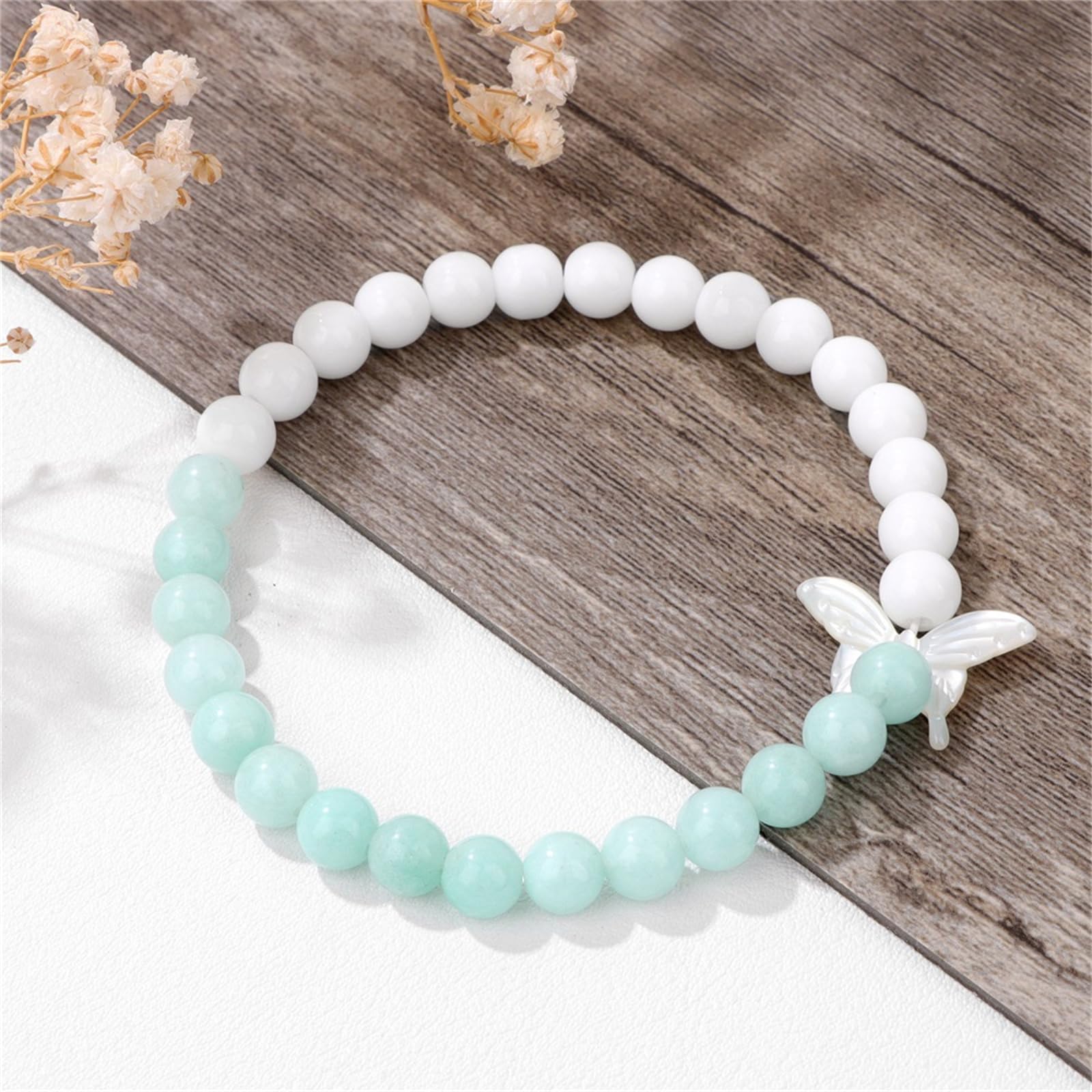 Braccialetto in Pietra Naturale Bracciale Farfalla con Guscio di Pietra Naturale Femminile da 6 Mm Perline di Pietra Vulcanica Bracciale con Cordone Elastico