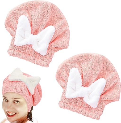 Biiange 2 Pcs Absorbent Hair Drying Towel Hat Quick Dry Hair Towel Cap with Bow-Knot Reusable Fluffy Bathing Shower Turban...