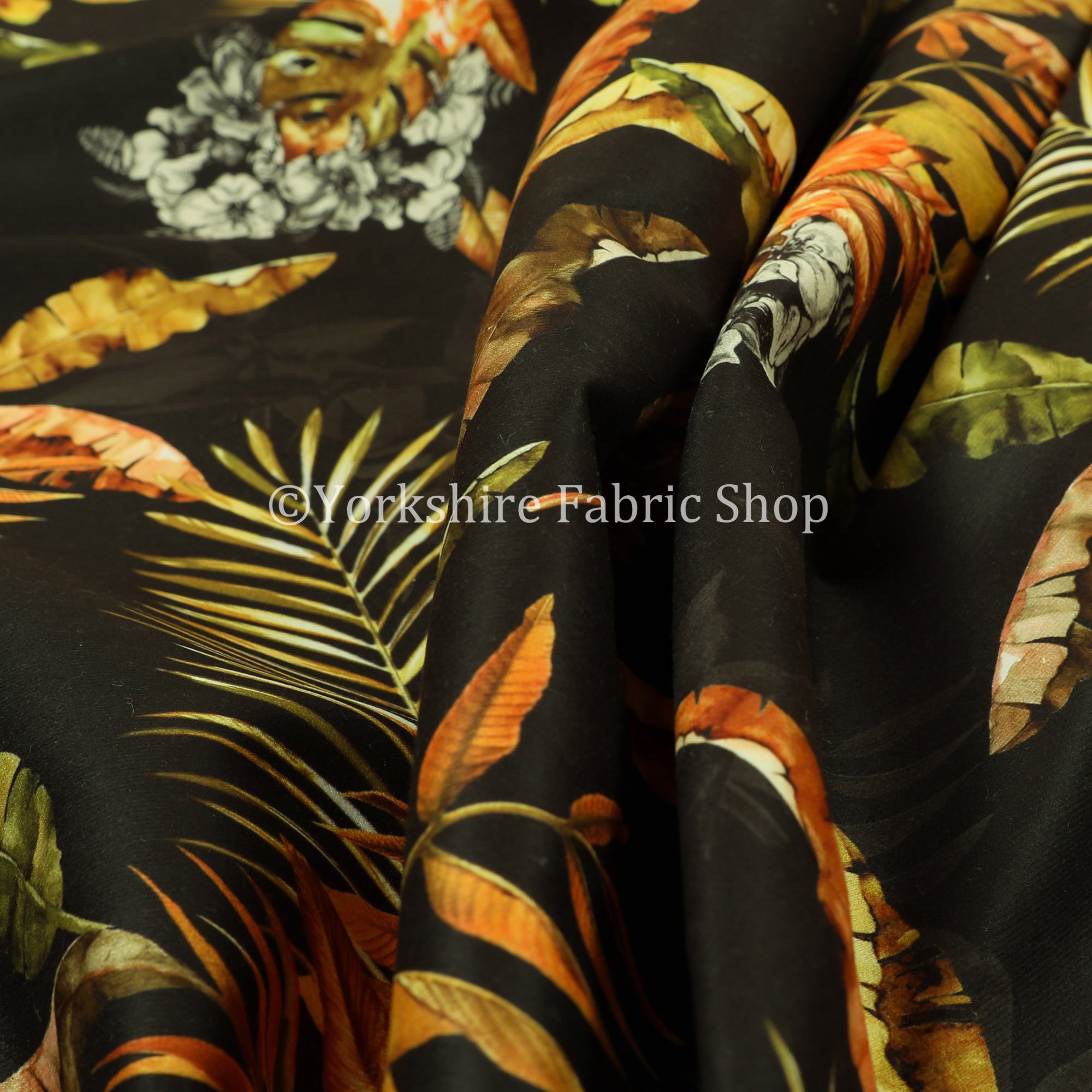 Full Black Rustic Leaf Pattern Printed Velour Velvet Upholstery Curtain Fabrics (Per Metre)