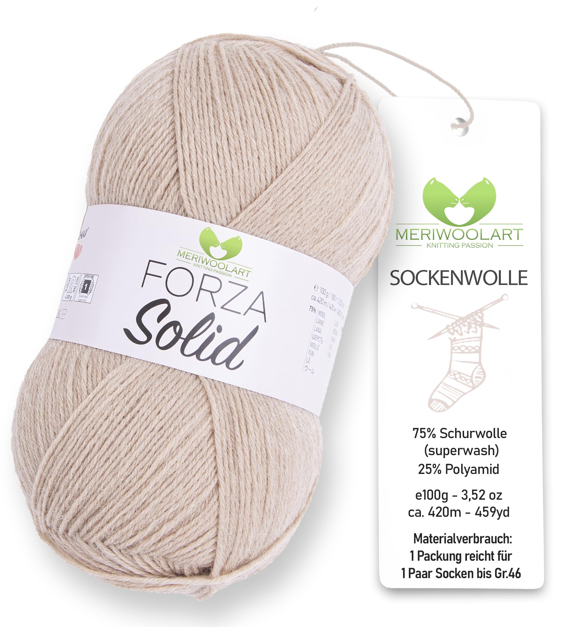 MeriWoolArt® Sock Wool 4-Ply - 100 g Merino Wool Yarn for Knitting & Crocheting, 75% Virgin Wool (Superwash), 25% Polyamide, 420 m - Ideal for Socks for Men and Women, Sweaters & Cardigans 4604