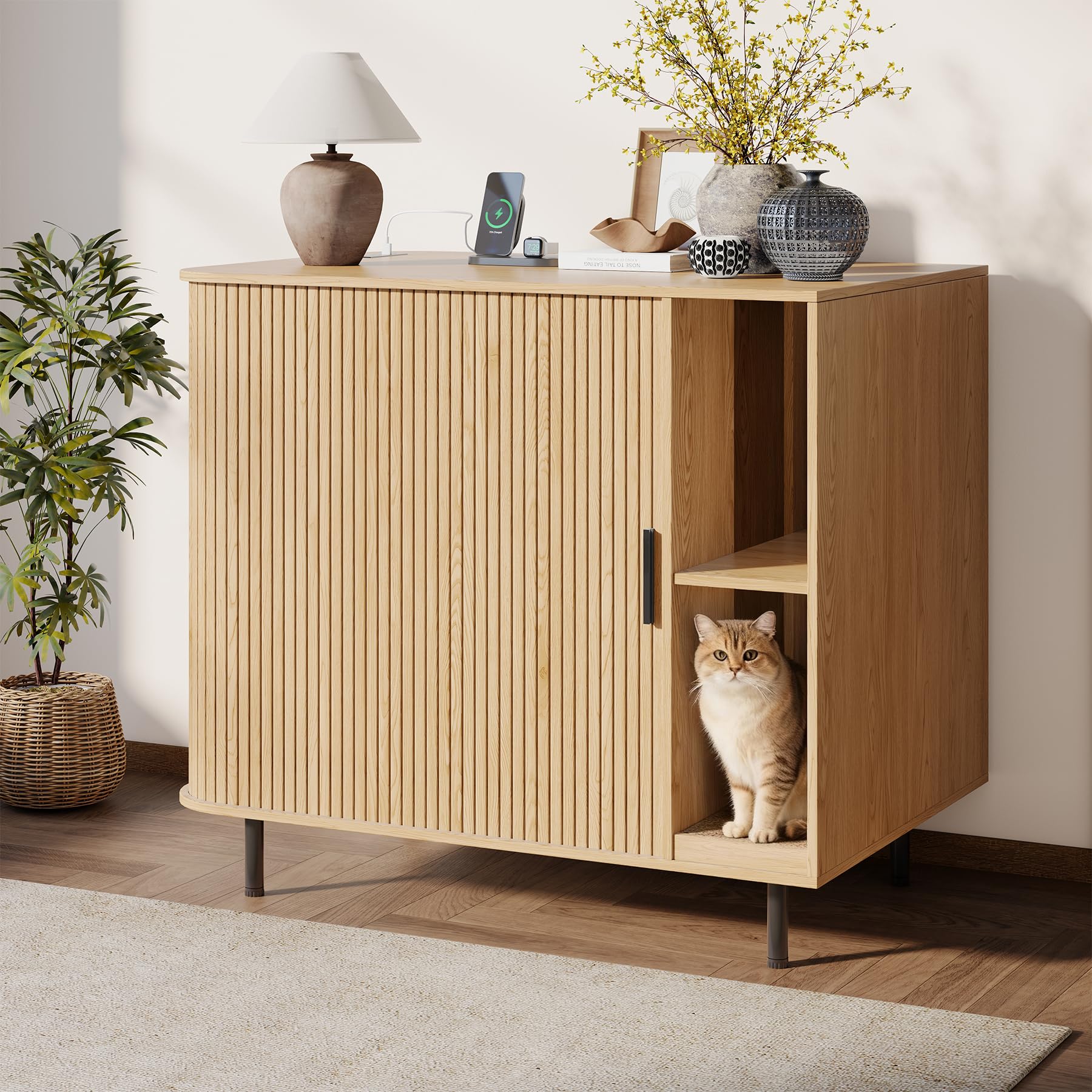 Large Cat Litter Box Enclosure with Scratch Pad, 42.6'' Hidden Litter Box Furniture for Automatic self-Cleaning Litter Boxes, Sliding Door, Adjustable Shelf for Dog Proof, Charging Station, Natural