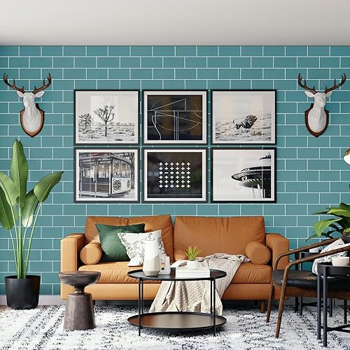 Miniatura 4 de 20 hojas de azulejos en muro con adhesivo enmarcado en azulejos de pared para cocina, baño, chimenea, caravanas y más (11.9 x 12.2 pulgadas, azul