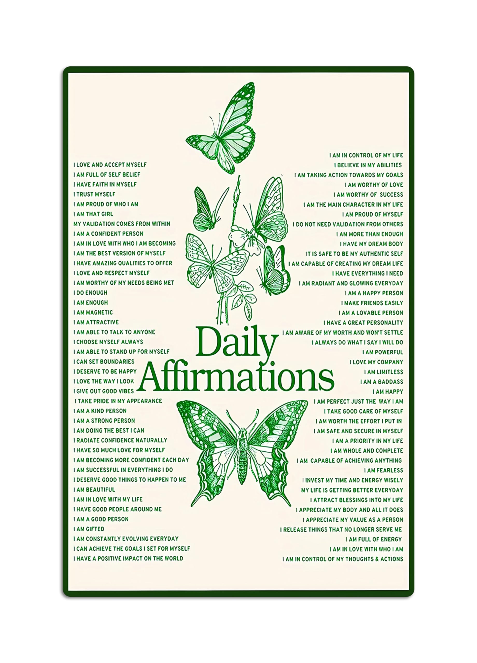 CUUCTGDA Daily Positive Affirmations Butterfly Posters Inspirational Metal Tin Sign Green Boho Room Aesthetic Decoration Home Kitchen Office Bedroom