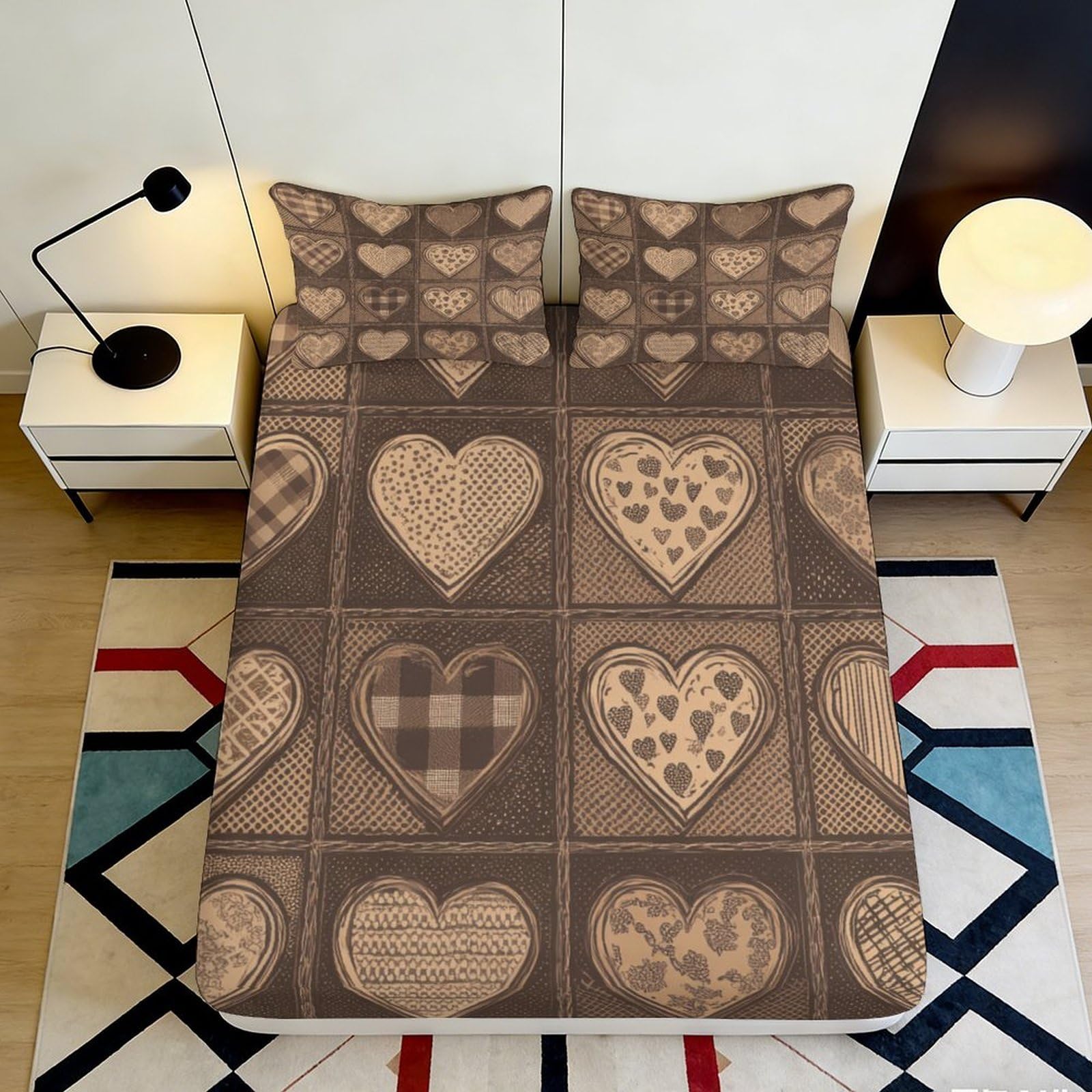 3D Printed Brown Heart Pattern Fitted Sheet Microfiber Soft Durable Romantic Bed Cover for Bedroom Dormitory Guest Room Mattress Protection 160x200x25cm