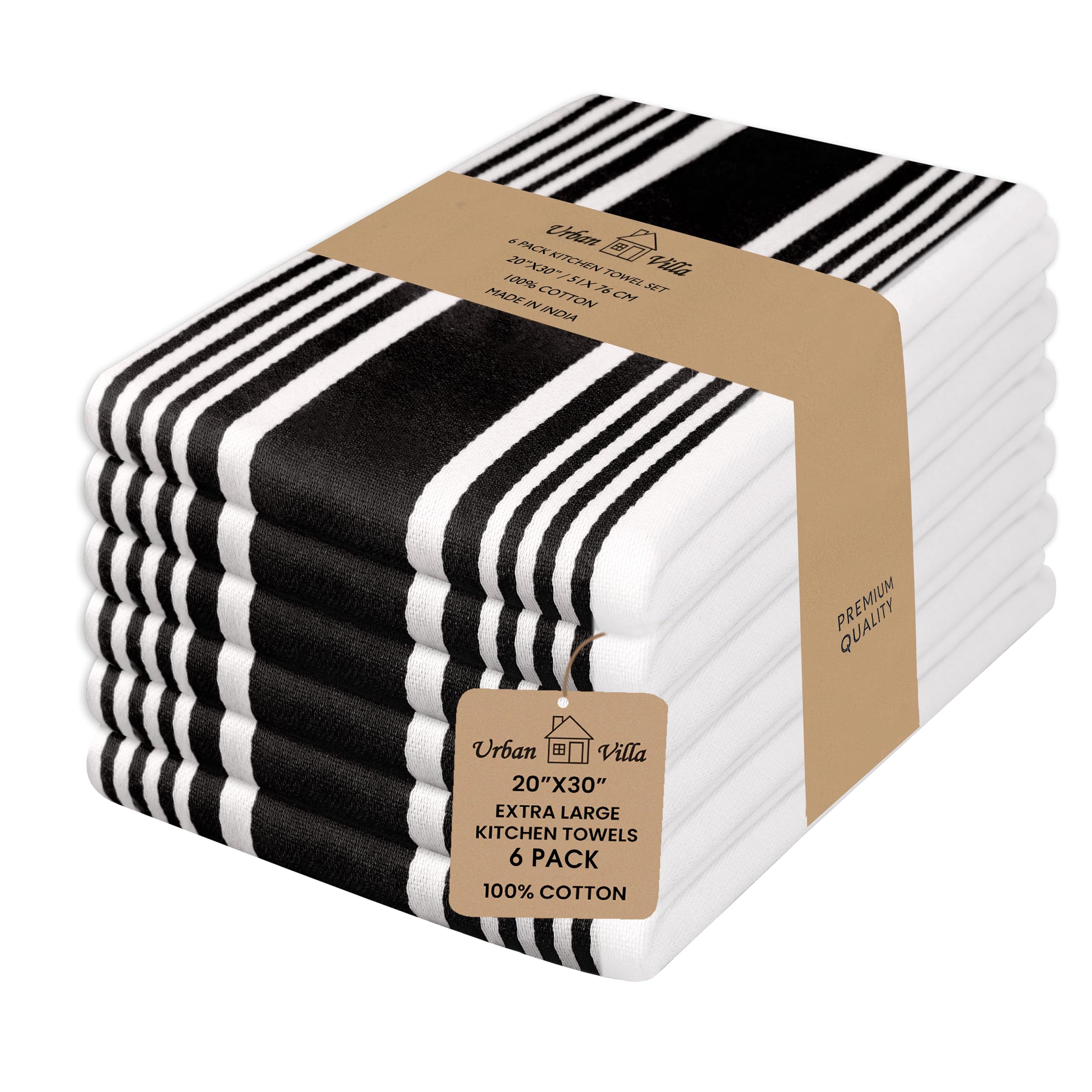 Urban Villa Kitchen Towels 100% Cotton Pack of 6, Highly Absorbent Quick Drying Super Soft Premium Dish Towels for Kitchen with Hanging Loop Hand & Tea Towels - 20x30 Inch, (Black & White, Striped)