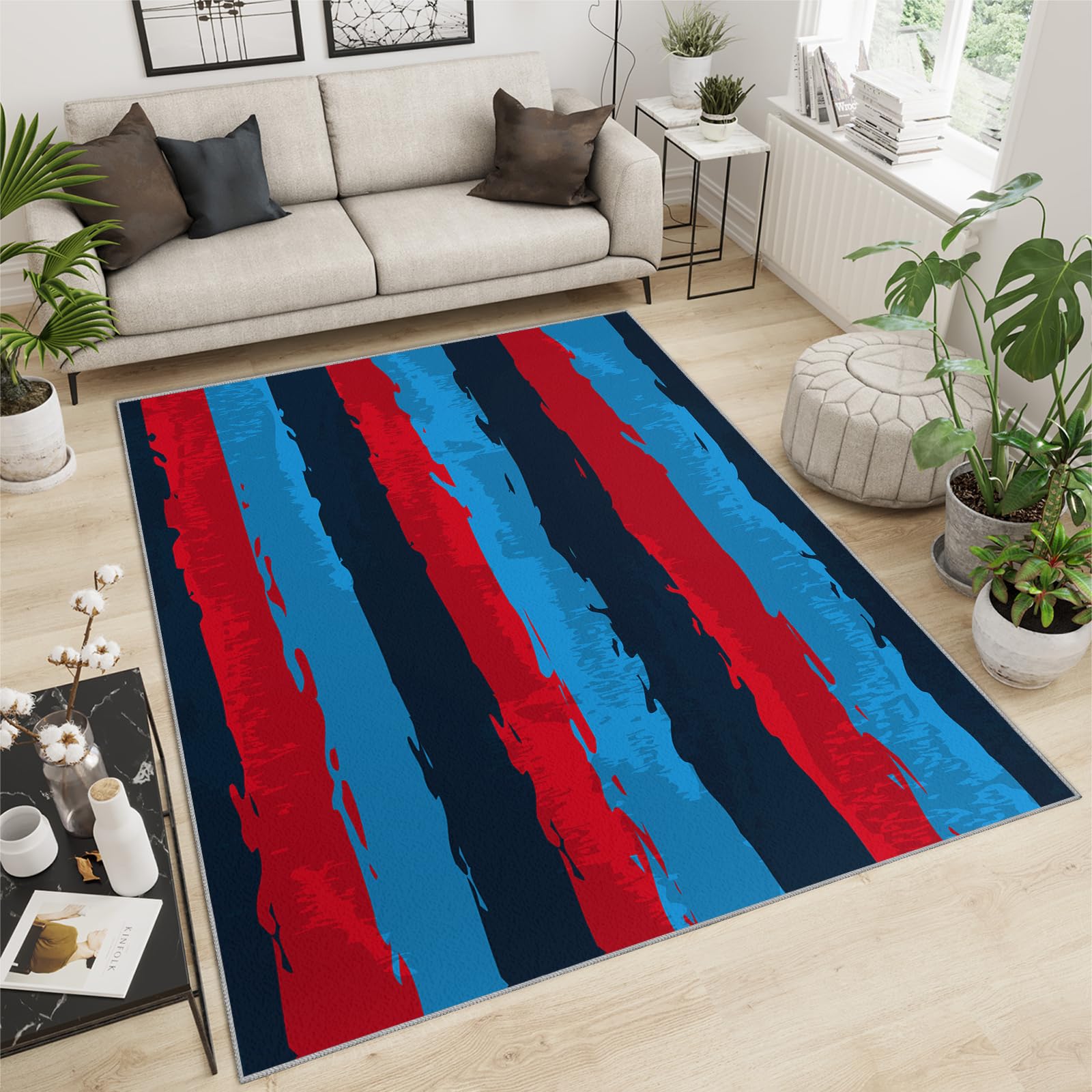 QDJKBL Area Rug 100 X 150 Cm Navy Blue and Red Graffiti Stripes, European Minimalist Medieval Geometry Rugs for Bedroom, Non-Slip Carpet Short Velvet for Dining Room