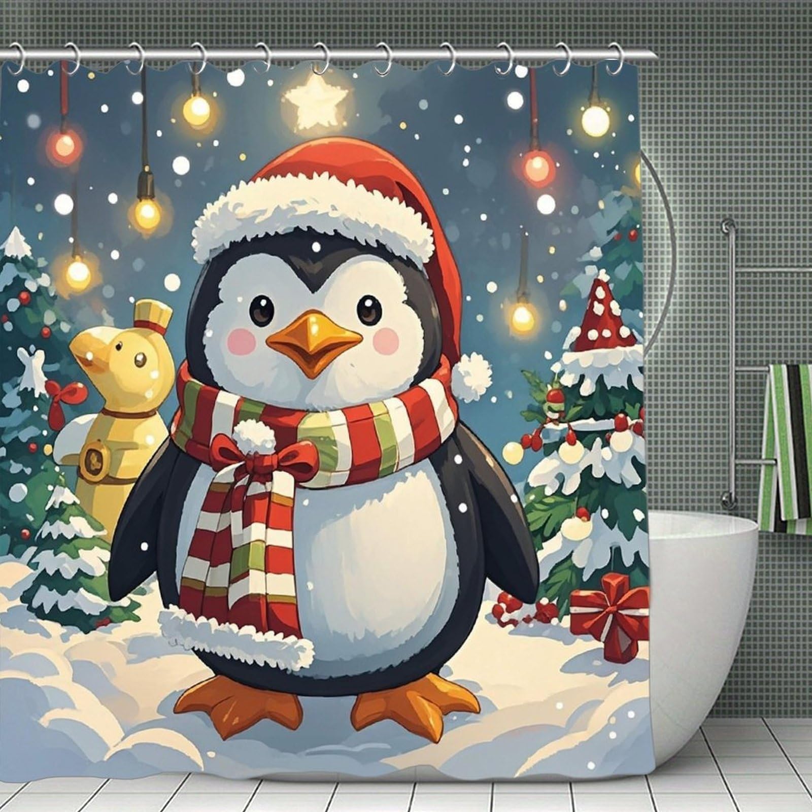 FekiLoot Christmas Funny Penguin Shower Curtain Minimalist Thick Bathroom Curtain Washable Modern Bathroom Shower Curtain Heavy Duty Waterproof Cloth Bath Curtain with Hooks 70.8"x70.8"