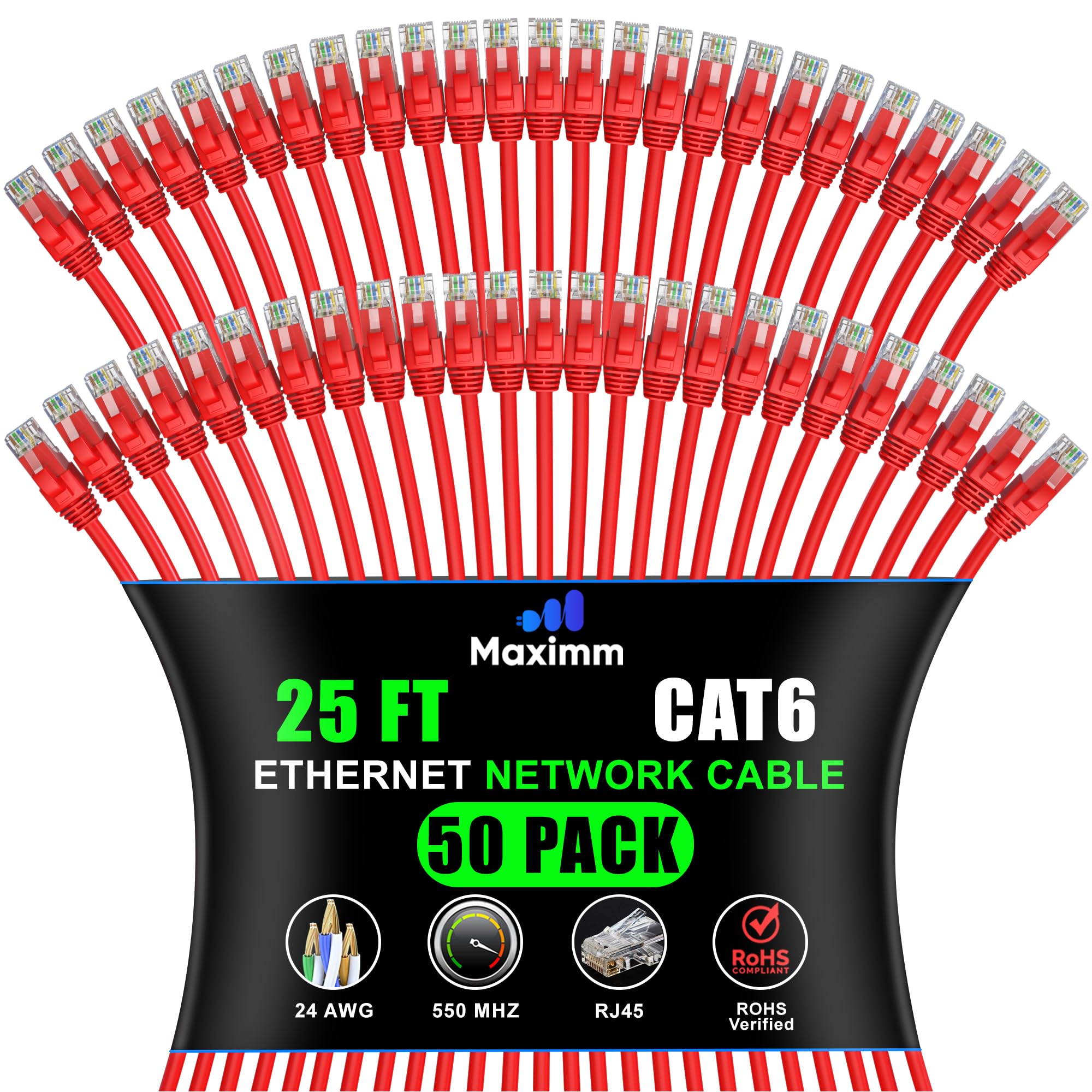 Maximm Cat 6 Ethernet Cable 25 ft (50-Pack) - High-Speed LAN, Internet, Patch, and Network Cable - UTP, 10Gbps, 550MHz Ethernet Cord - Red