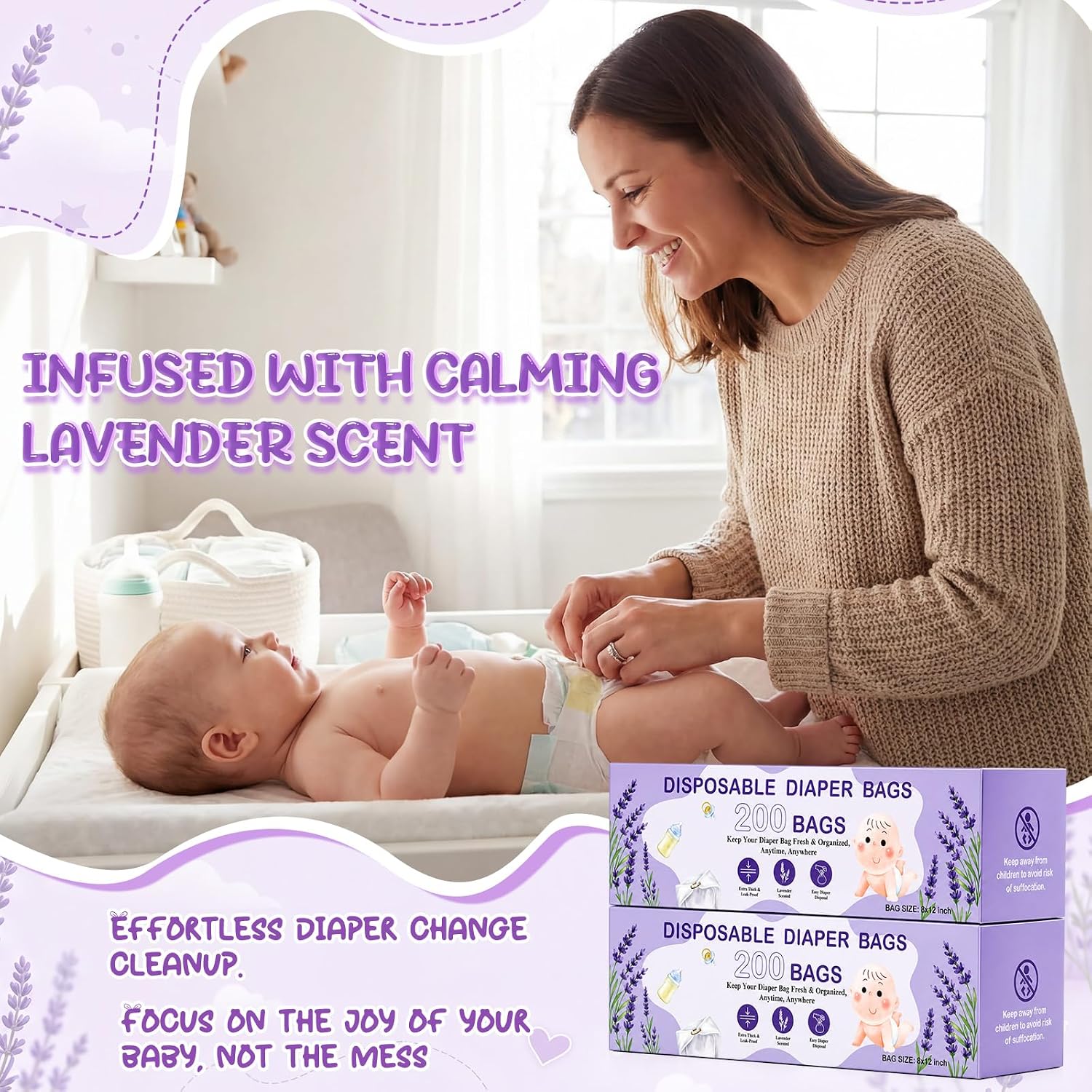 Colarr 15 Boxed Rolls 3000 Counts Disposable Diaper Bag Bulk, Lavender Scented, Leak Proof Diaper Trash Bags for Baby Walking and Travel