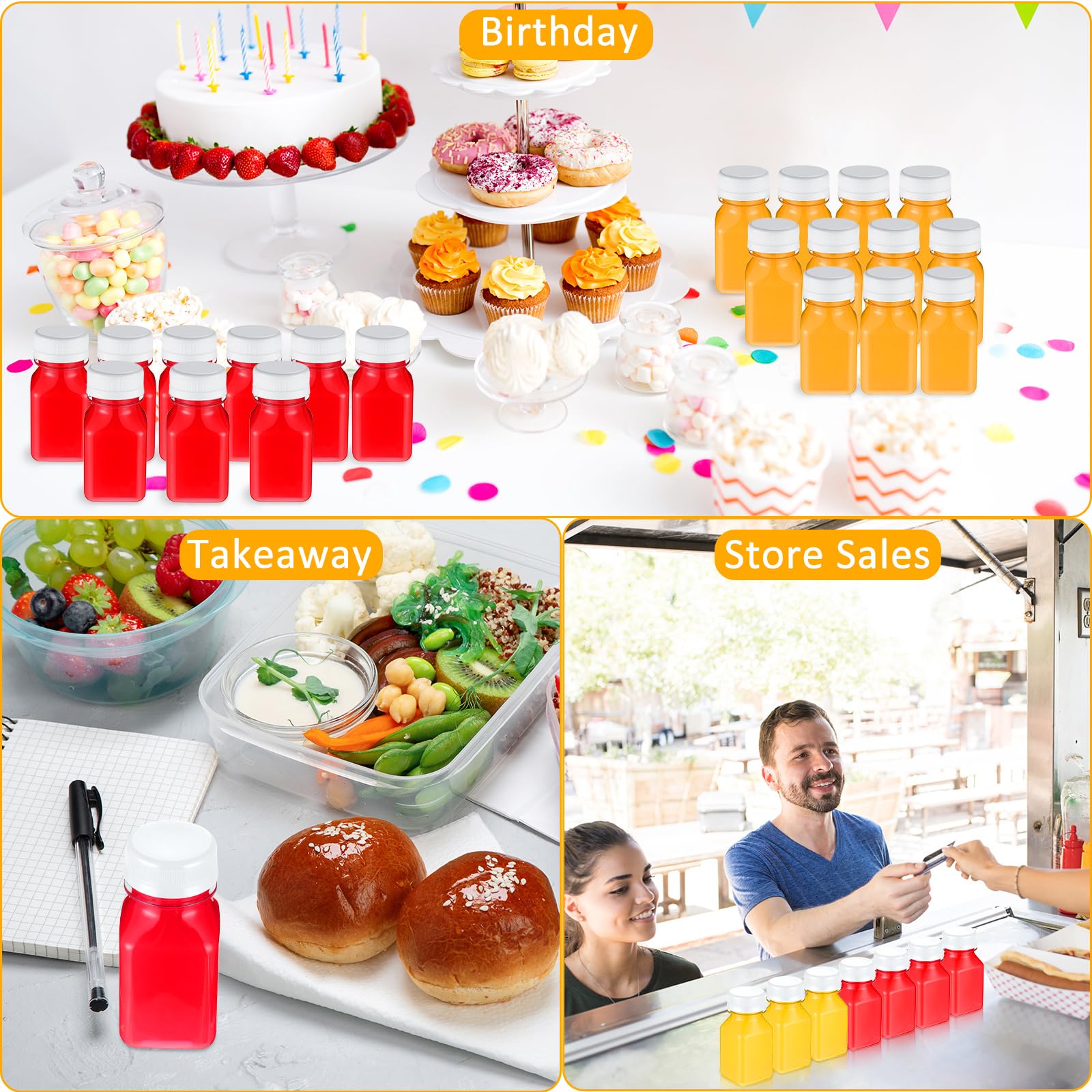 48 bottiglie di plastica per succhi di frutta, piccole, riutilizzabili, vuote, trasparenti, per bevande, mini contenitori per frigo, per succhi, frullati, tè, latte, caffè (bianco, 113,4 g)
