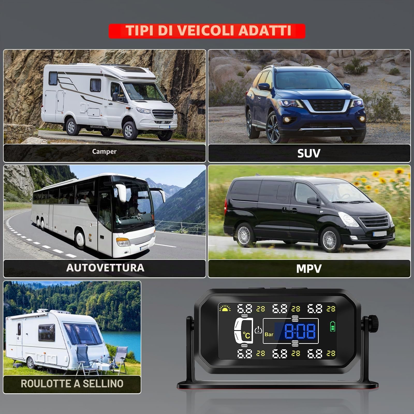 KAOLALI Sistema di monitoraggio della Pressione dei Pneumatici TPMS,【4/6 modalità Ruota】 0.01 Bar Alta Precisione TPMS, con 6 Sensori Pressione Pneumatici per Auto Camper per Camion LKW