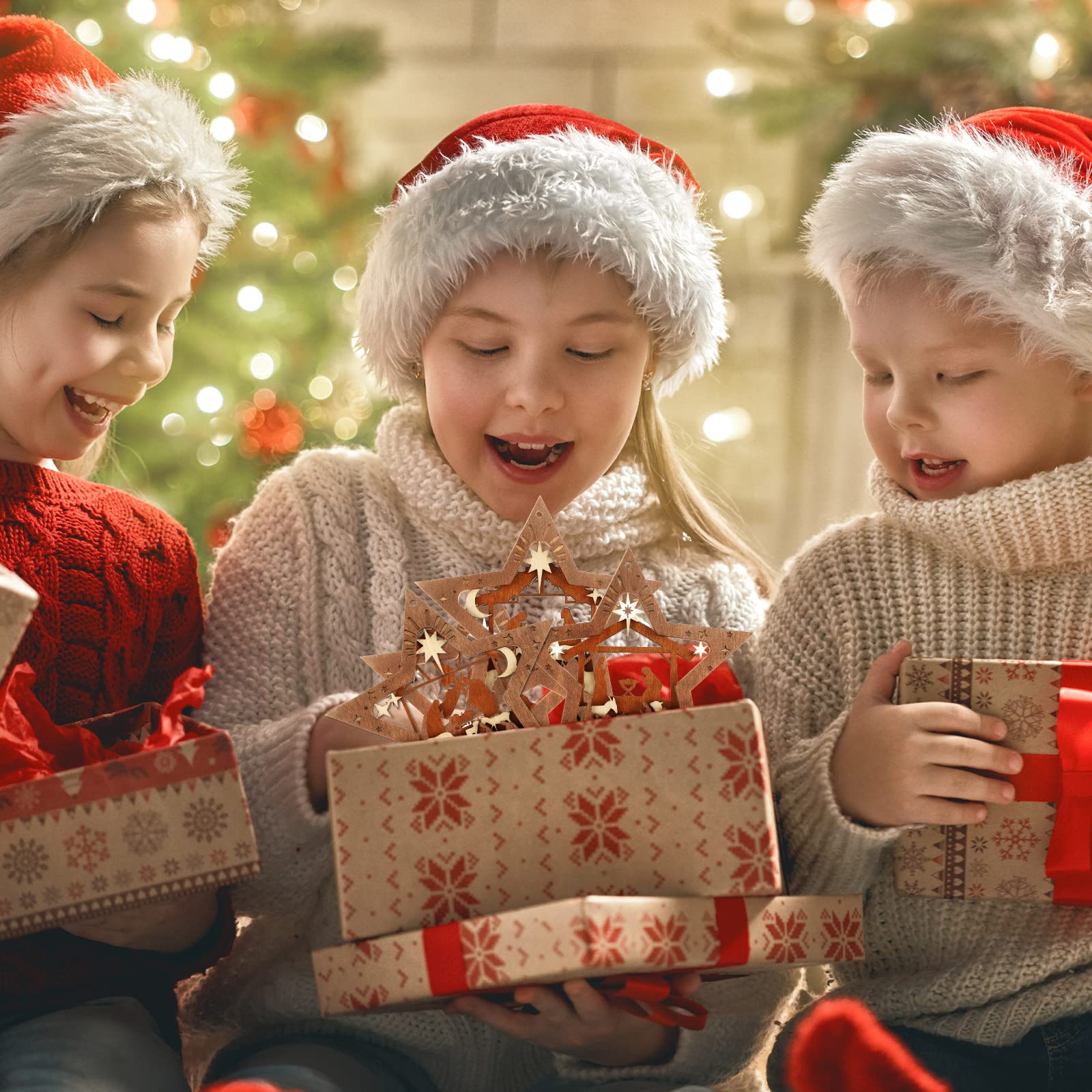 Bucherry Pcs Christmas Nativity Ornaments Christian Music Sheet Nativity  Scene Ornaments Wooden Star Christmas Hanging Ornament Bulk for Xmas Tree