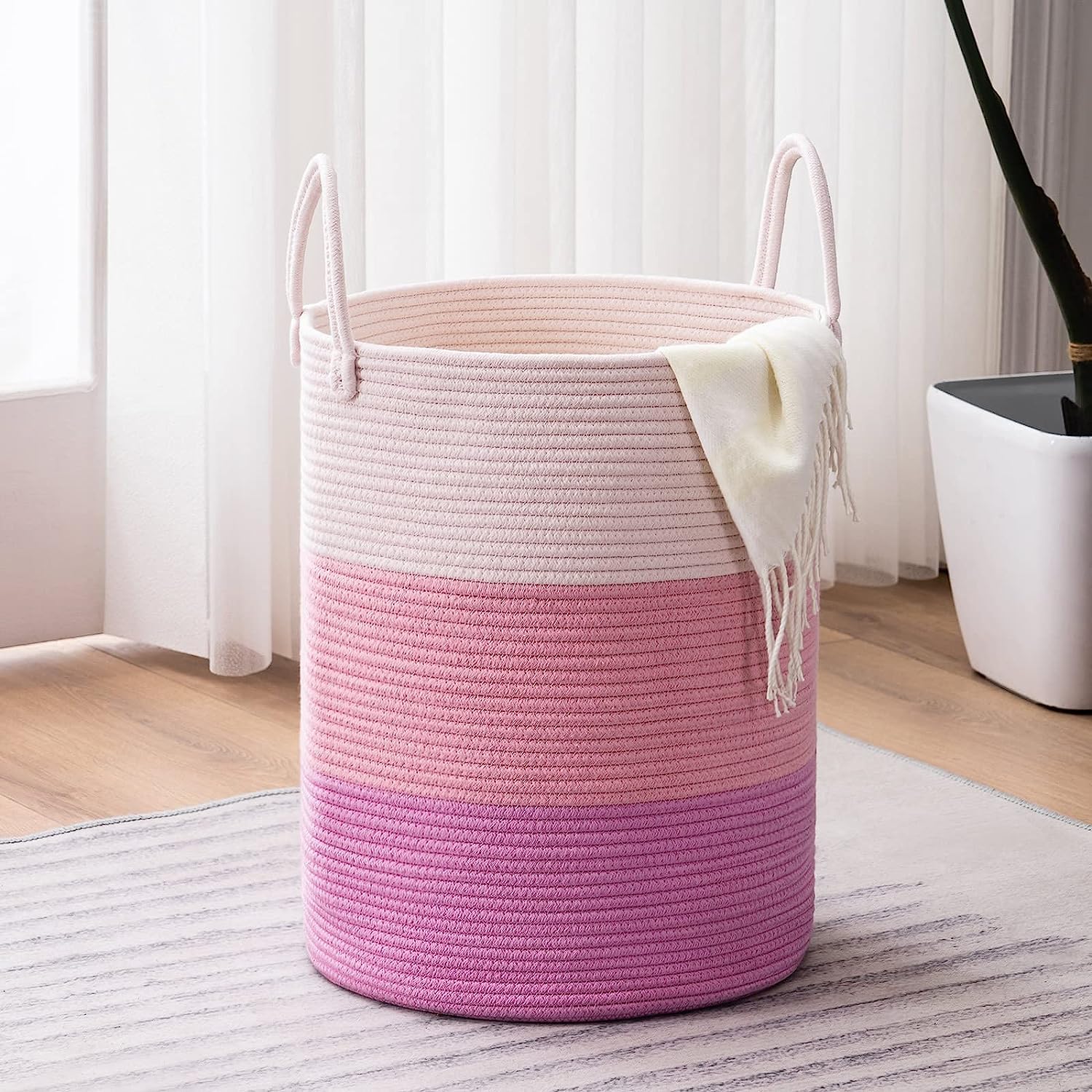 GLEAM Woven Rope Laundry Hamper Basket, Baby Nursery Hamper for Blanket Storage, Clothes Hamper for Laundry in Bedroom (Small (41L) (14"x14"x16"), Pink)-image-21