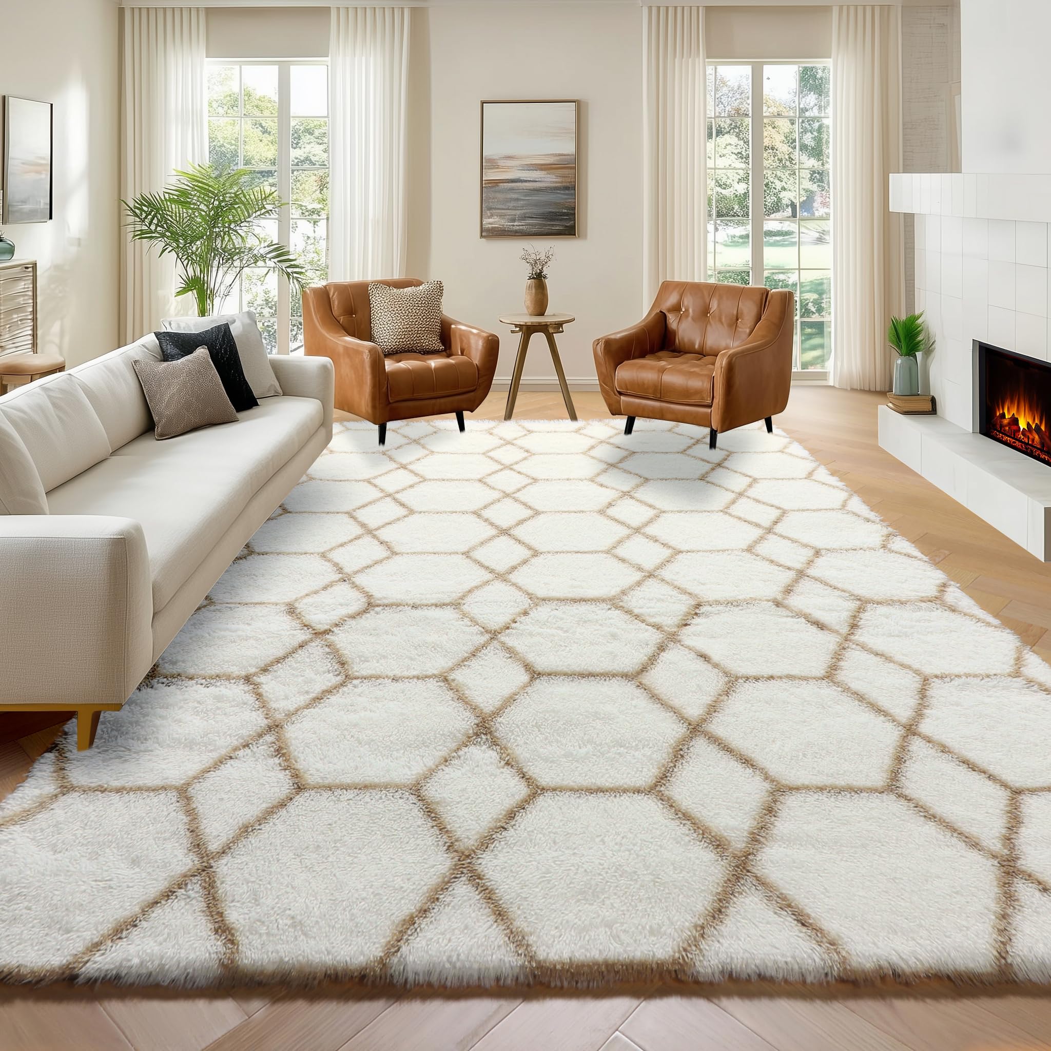 ONASAR Large Living Room Area Rug 6x9, White and Beige Geometric Rugs Floor Mat for Bedroom Home Decor Aesthetic, Soft Fuzzy Shaggy Plush Fluffy