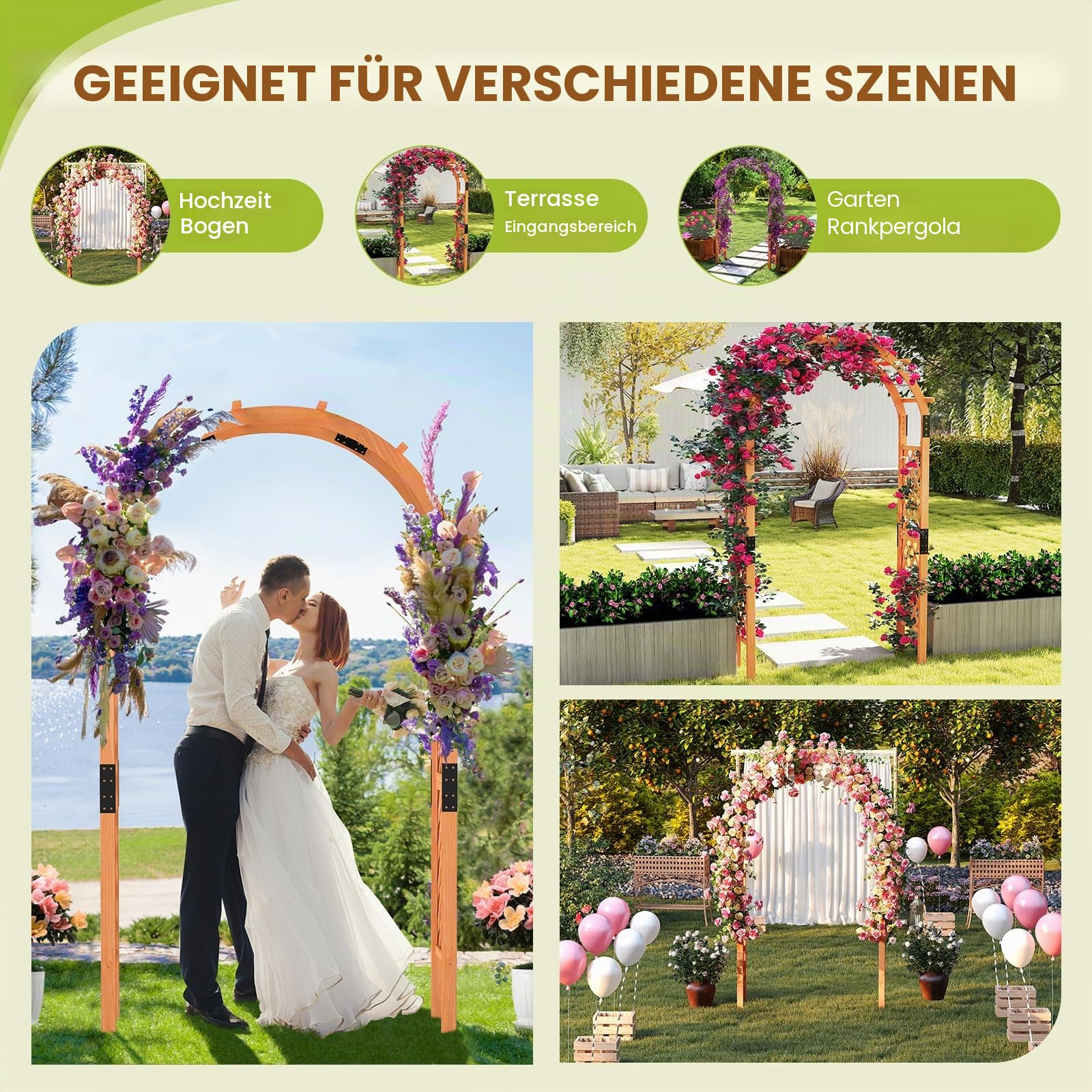 FANTASK Gartenbogen Holz, 132 x 45,5 x 235 cm, Rosenbogen für Rosen & Kletterpflanzen, Torbogen Spalier, Rankhilfe Tannenholz, Halbbogen für Garten, Hochzeit, Party
