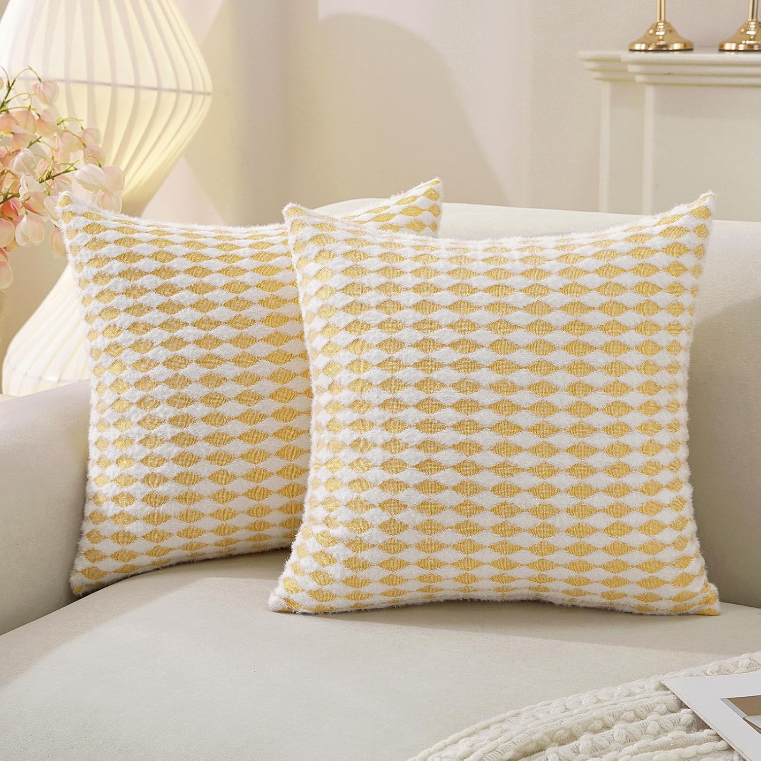 Decorative Throw Pillow Covers 24x24 Inch Set of 2,Boho Diamond Pillowcase for Couch Pillow Covers Home Decor Living Room Bed,Gold Yellow