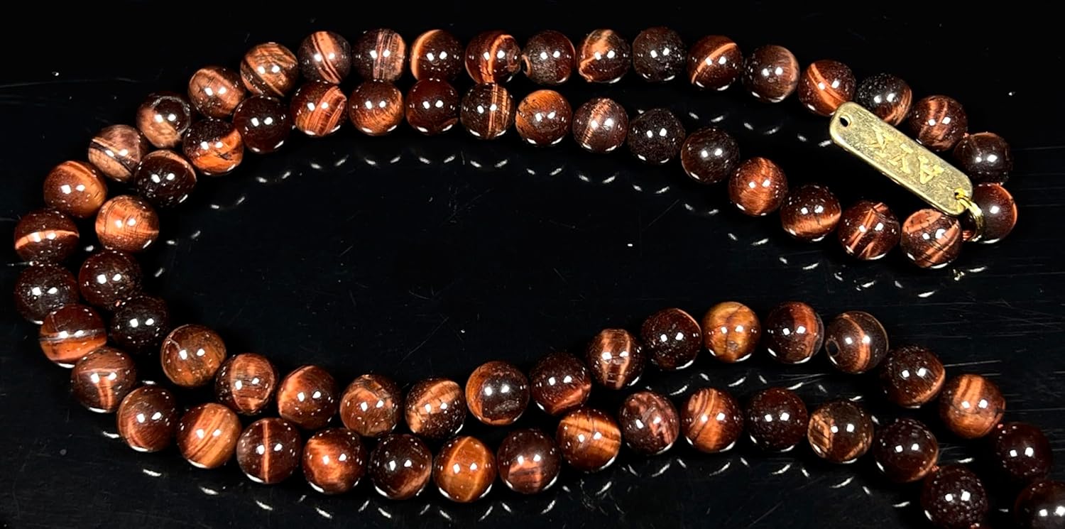 Tiger Eye Tiger's Eye Mala Beads Necklace 3rd Chakra Throat Chakra Healing Crystals 108 Prayer Beads - Grounding Integrity Will Power Intution Insomnia Libido Powerful (RED, Bead size 8 mm)