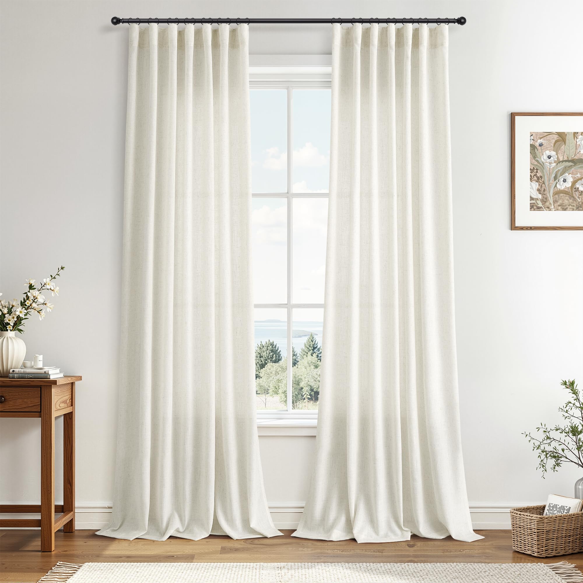 Joywell Extra Long Linen Curtains 144 Inch for Living Room Hook Belt Cream
