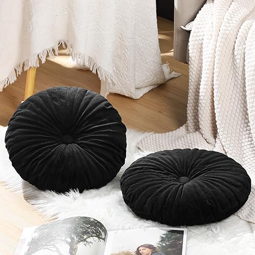 Miniatura 3 de Namalu 2 almohadas redondas de 13.8 pulgadas, almohadas decorativas redondas de terciopelo para el suelo, almohadas de calabaza con botón central