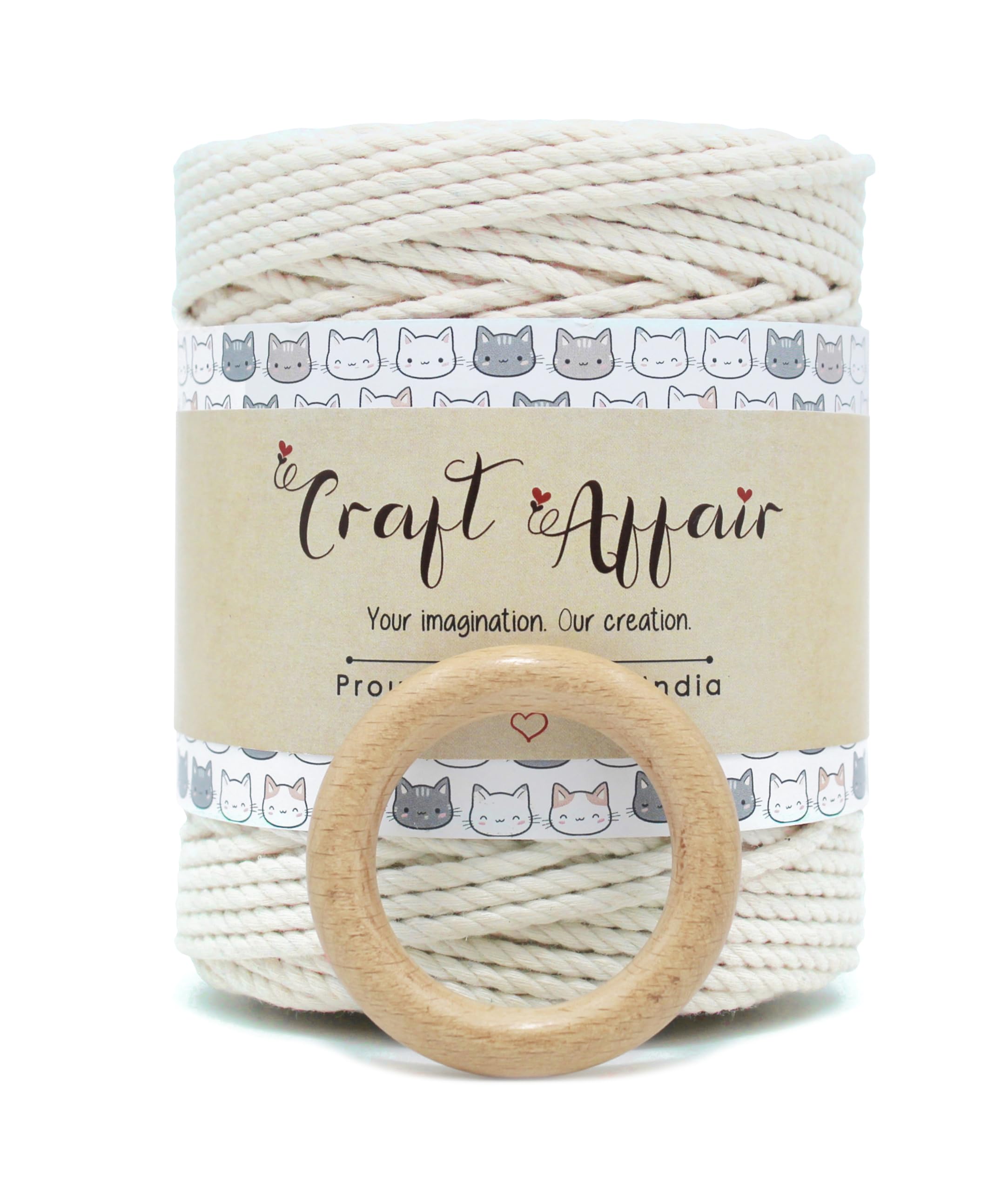 Craft Affair | 3ply Twisted Macramé Cord (3mm, 100 Meter) | Get Free 5cm Wooden Ring | Cotton Yarn/Rope for Wall Hanger and Other DIY Projects - Off White