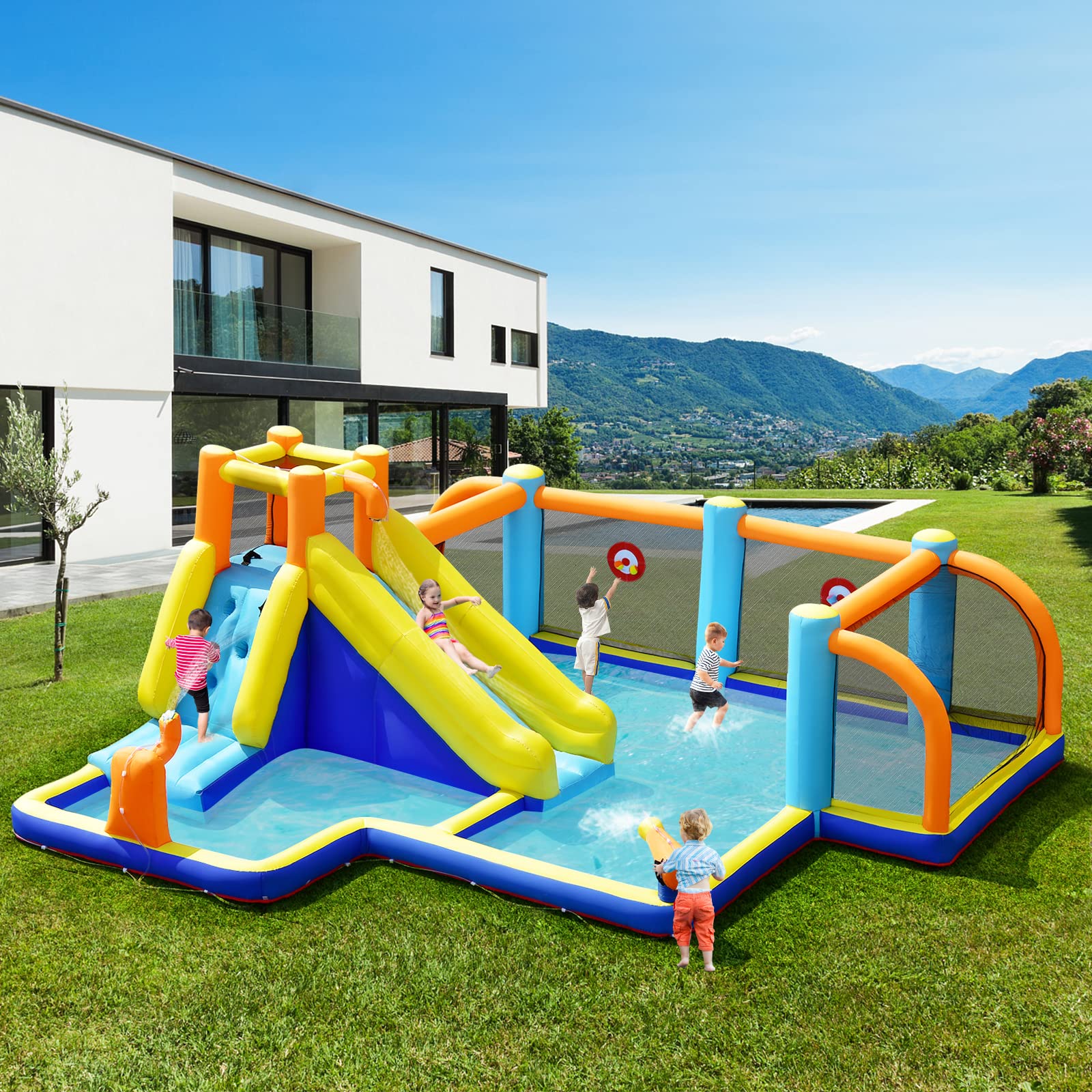 OLAKIDS Inflatable Water Slide, 8 in 1 Bounce House Water Park with Soccer Goals Splash Pool Climbing Wall Water Guns Target Game, Outdoor Inflatable Obstacle Course for Kids Backyard (without Blower)