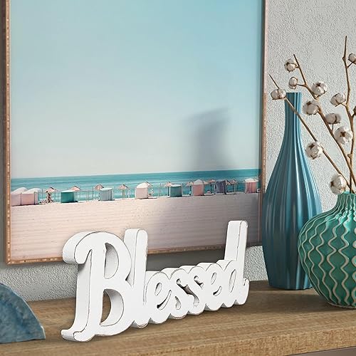 Miniatura 4 de Letrero rústico de madera blanca con texto en inglés Blessed para mesa de 15 pulgadas, para colgar en la pared, decoración de casa de campo para