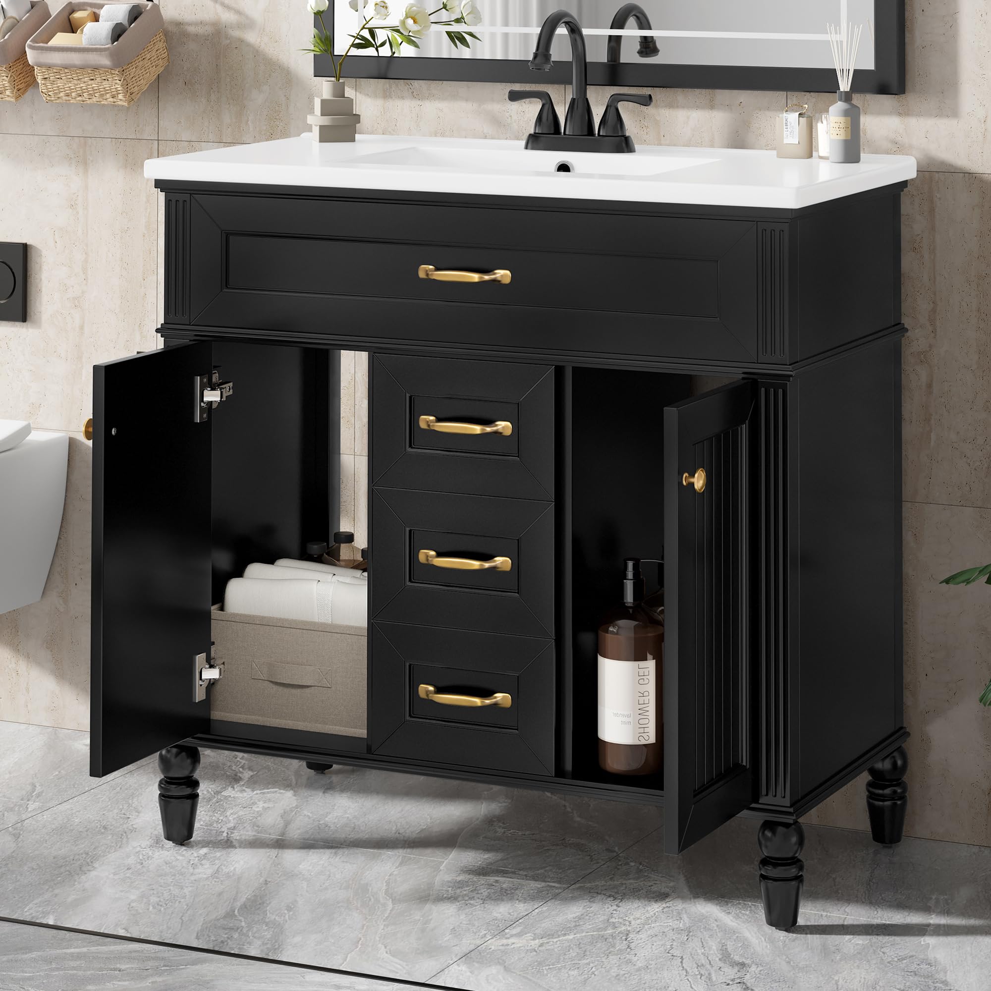 Favfurish 36" Bathroom Vanity with Ceramic Sink, Undermount Single Basin Bath Vanity Set w/2 Soft-Close Doors &amp; Flip-Out Drawer, Modern Solid Wood Frame Freestanding Cabinet w/Golden Handles, Black